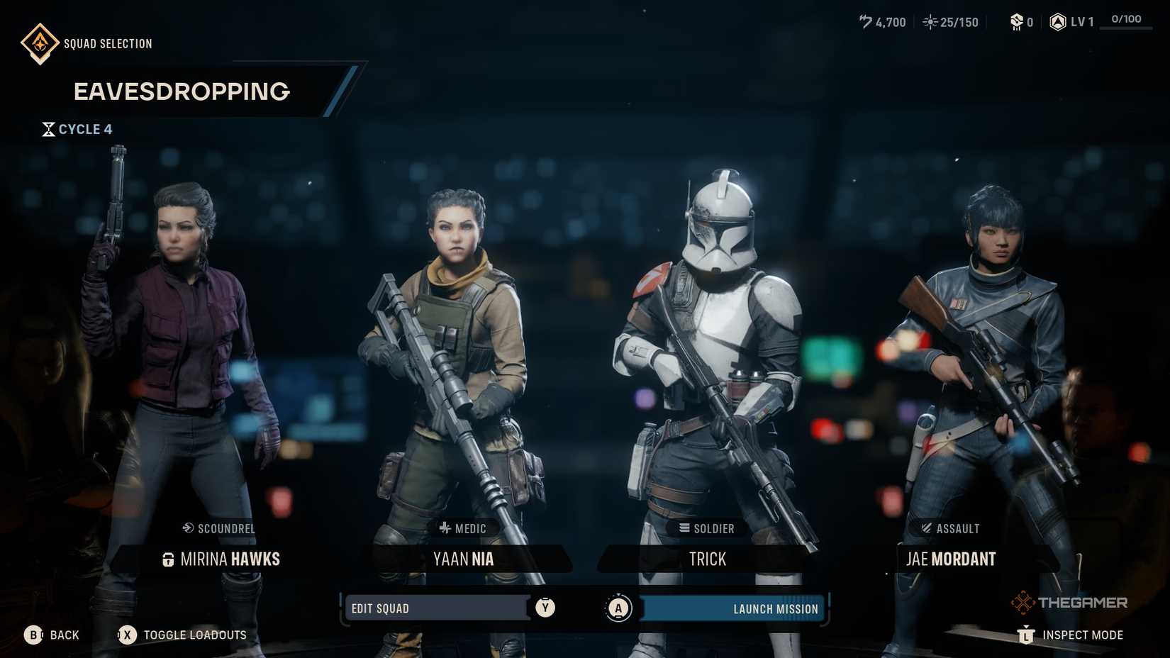 A full squad of four ready for a mission in Star Wars Zero Company, starting the mission Eavesdropping