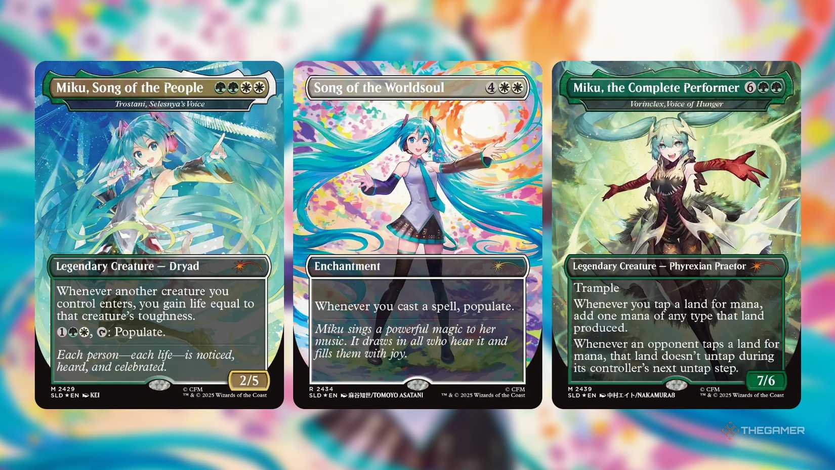 A lineup of three Hatsune Miku Commander cards from the Secret Lair deck.