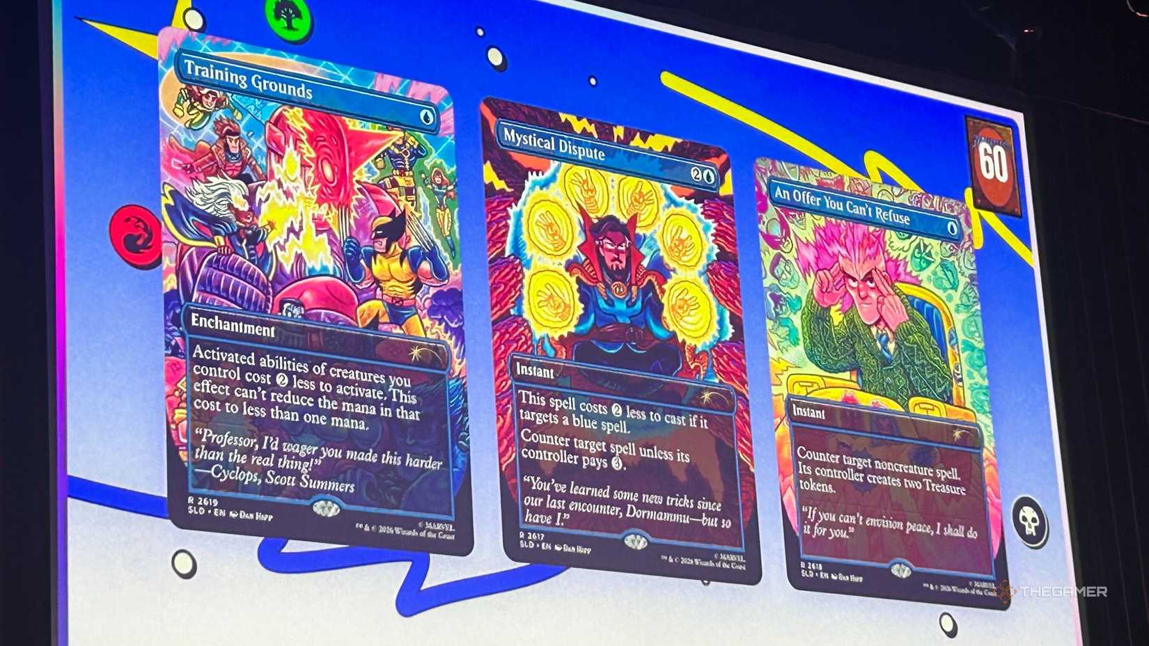 A live photo from MagicCon amsterdam showing three marvel secret lair cards designed by dan hipp.
