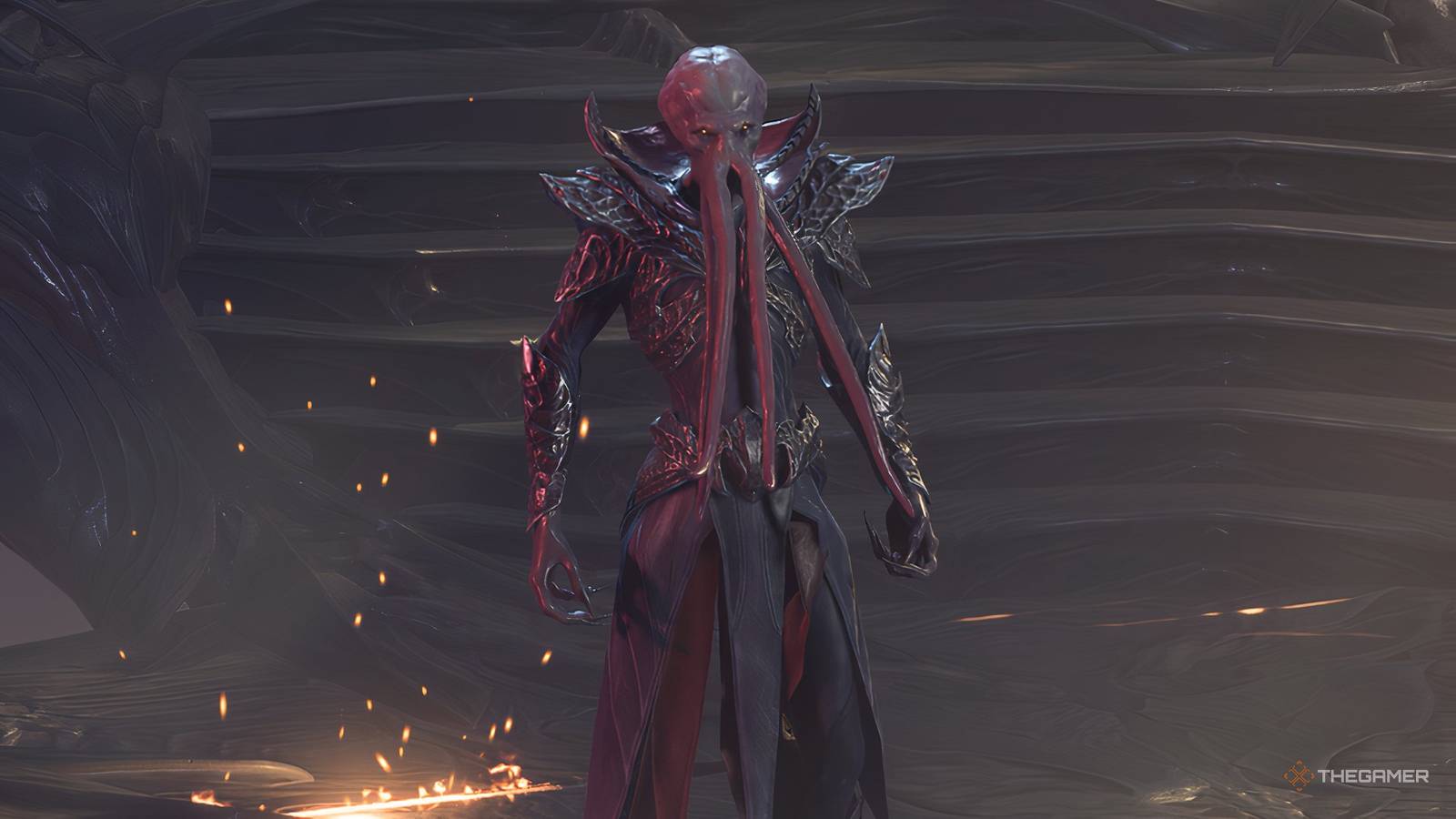 A Mind Flayer in Baldur's Gate 3. There are an alient creature with tentacles for a mouth.