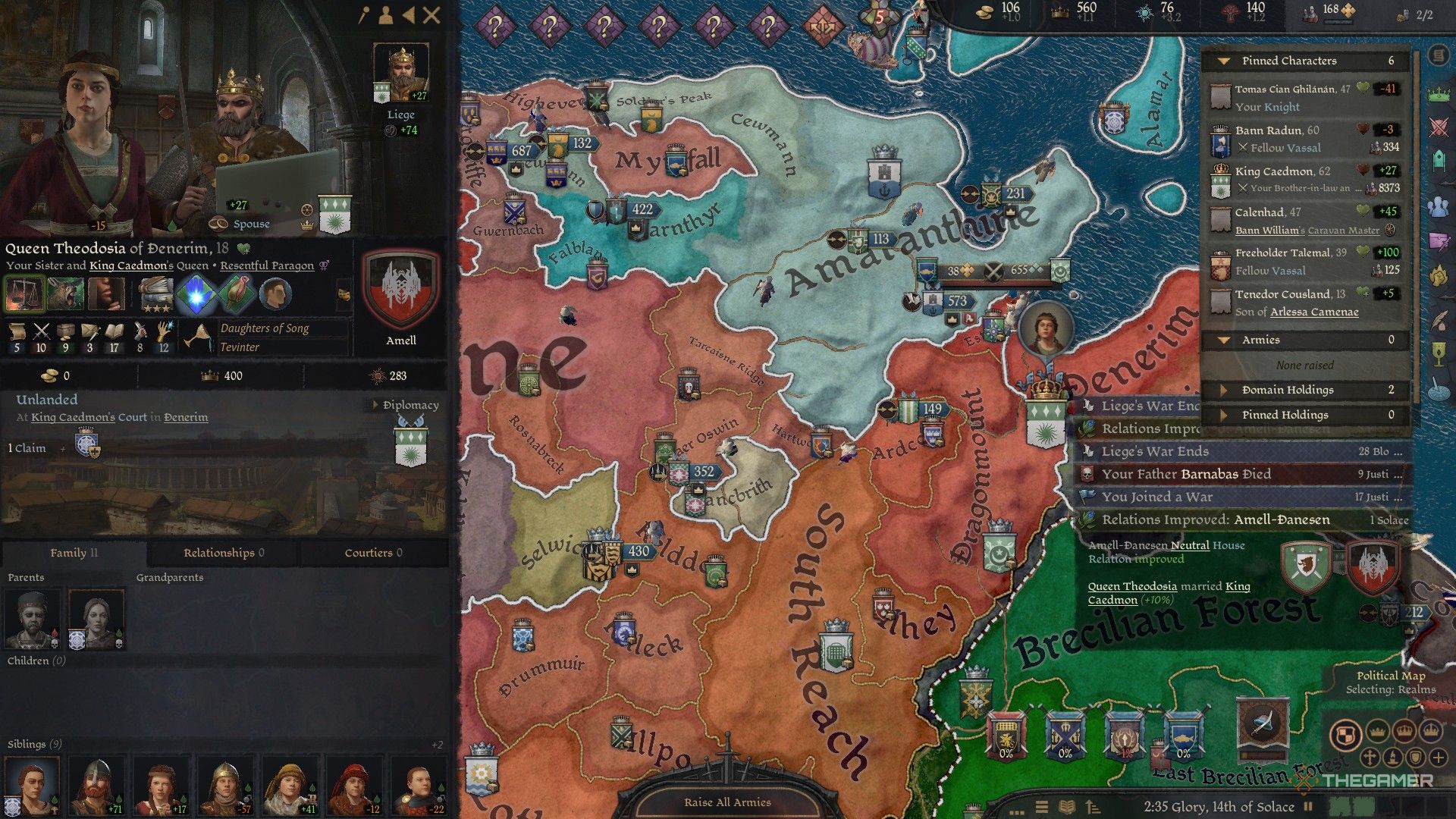 A screen from the Crusader Kings 3 mod, Thedas at War. A map of Ferelden is split into different kingdoms. The players sister is married to the king