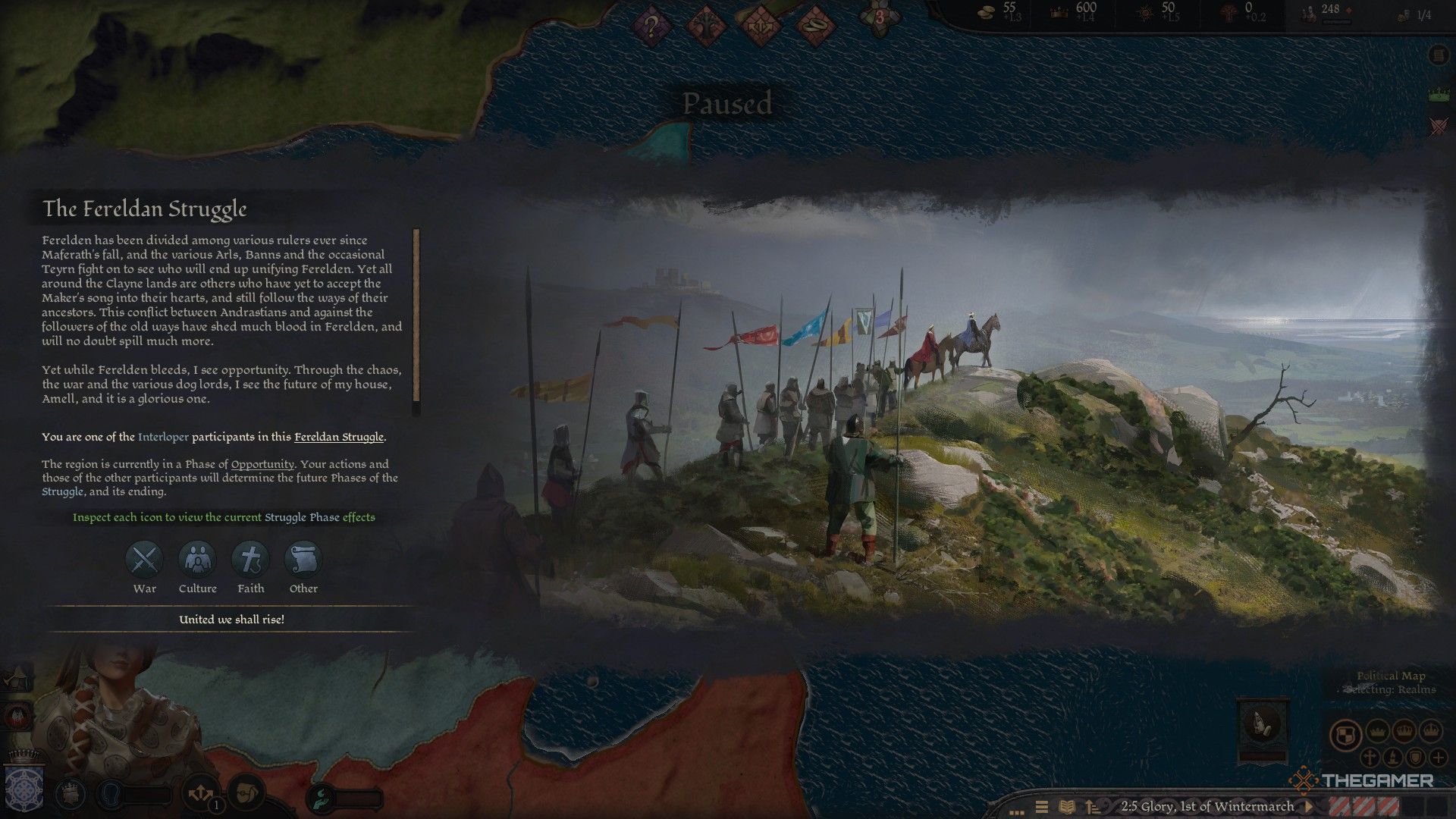 A screen from the Crusader Kings 3 mod, Thedas at War. Text explains that the story is currently in the Ferelden Struggle phase