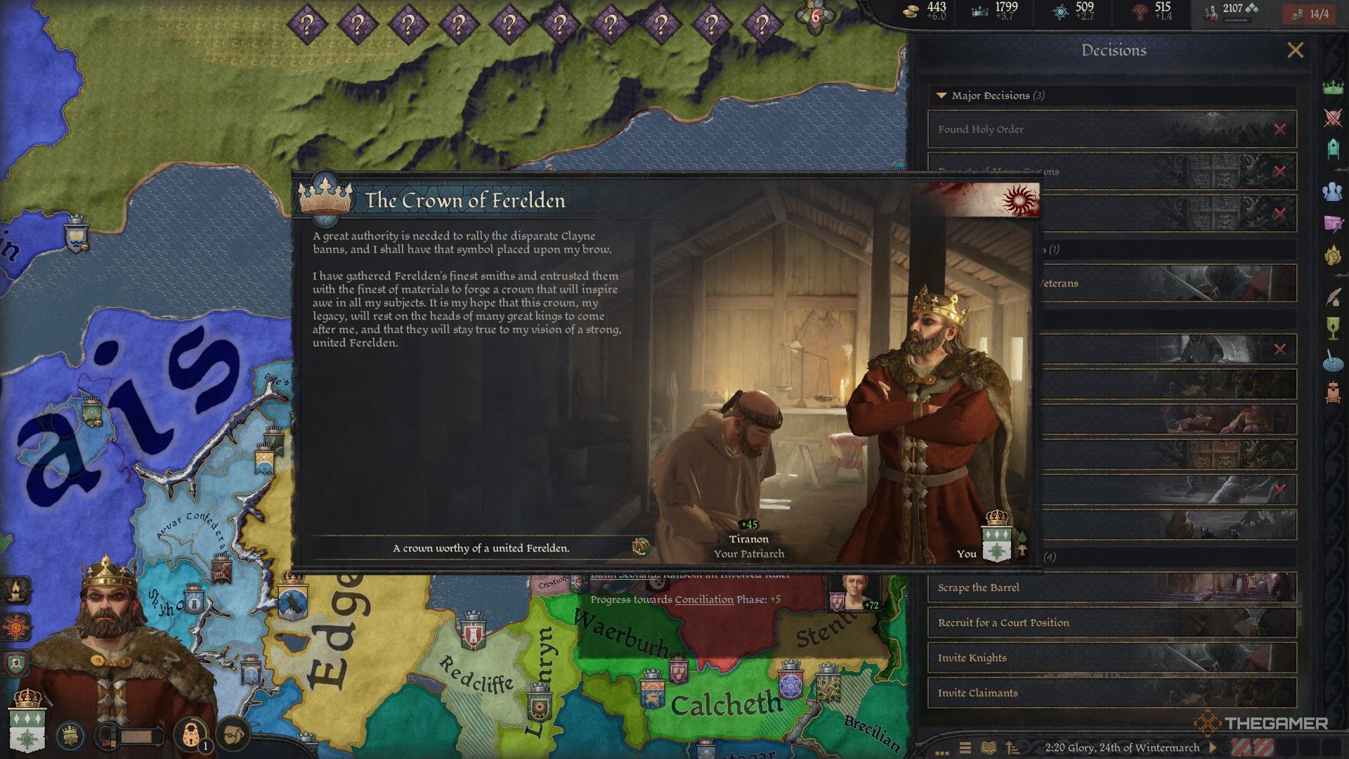 A screen from the Crusader Kings 3 mod, Thedas at War. The player has declared themselves king