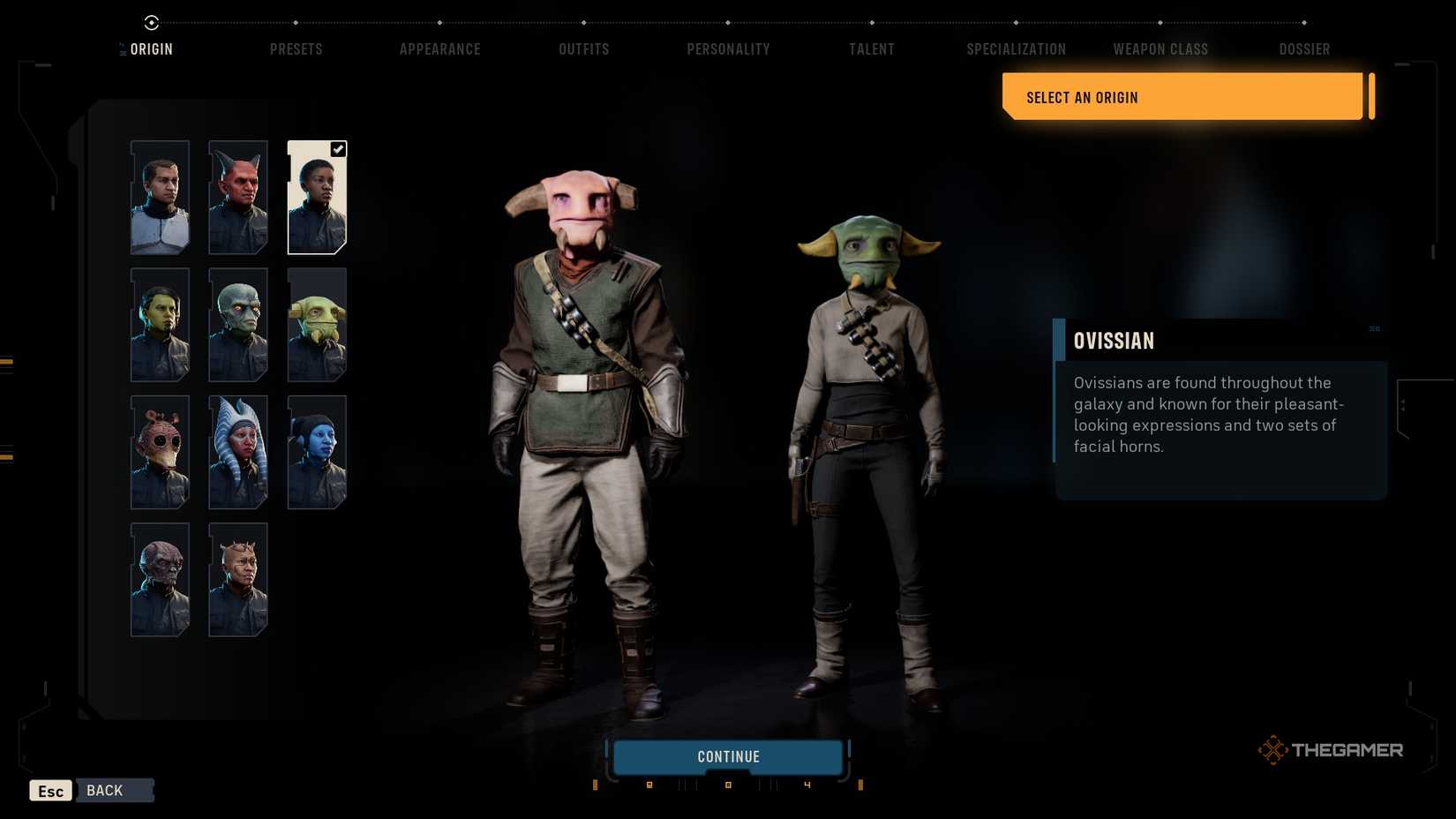 A screen showing all of the available races in Star Wars Zero Company. The player is hovering over the alien race Ovissian