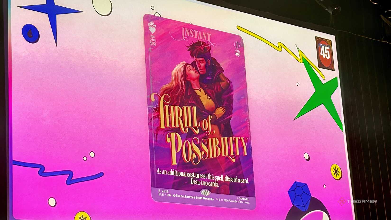 An imageof the Thrill of Possibility MTG card from the Marvel romance Secret Lair drop.