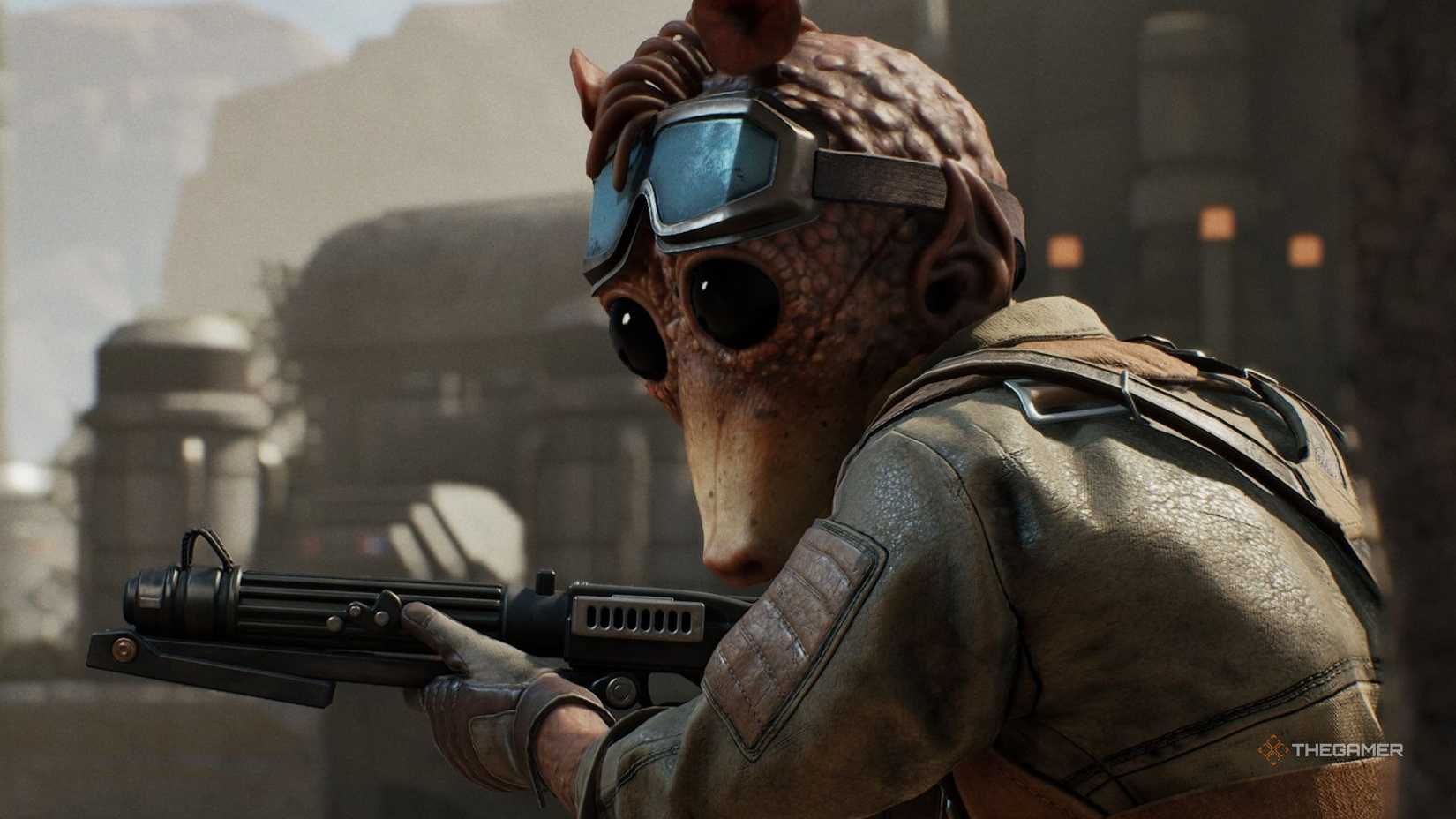 Aurelio the rodian alien in Star Wars Zero Company. He has a large face with big black eyes, and is holding a gun.