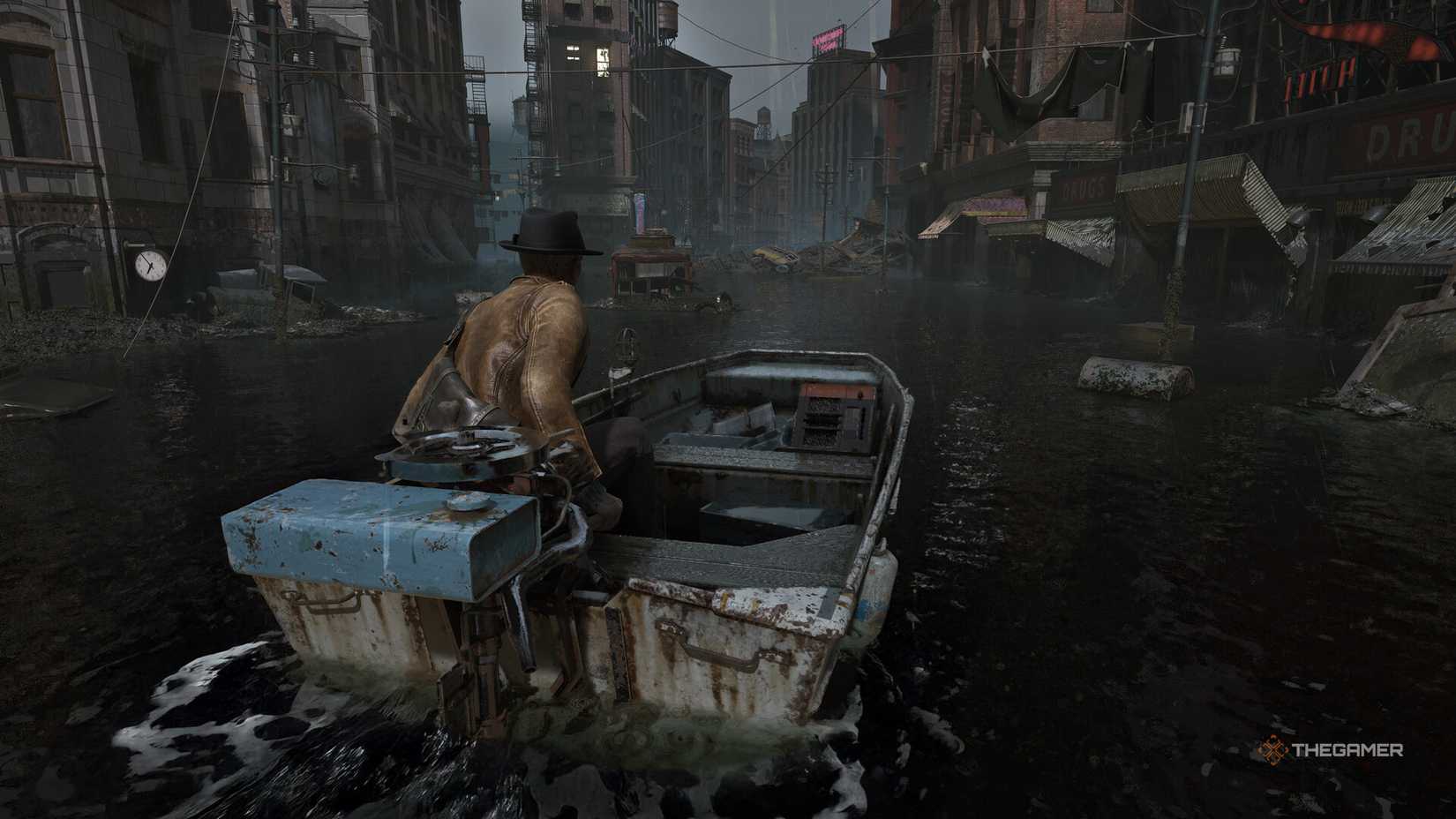 کالڤین لە فیلمی The Sinking City 2 بە بەلەمێکدا بە شەقامە لافاواوییەکانی شاری ئارکهامدا دەڕوات.