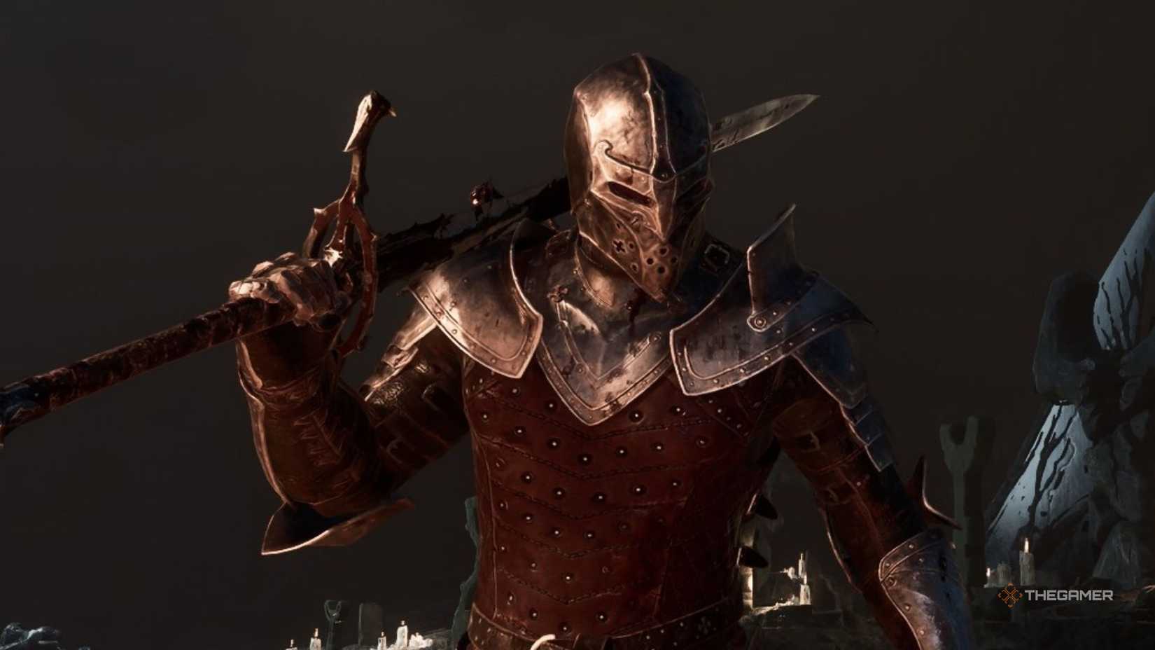 Character from Mortal Shell 2 looking at the camera.