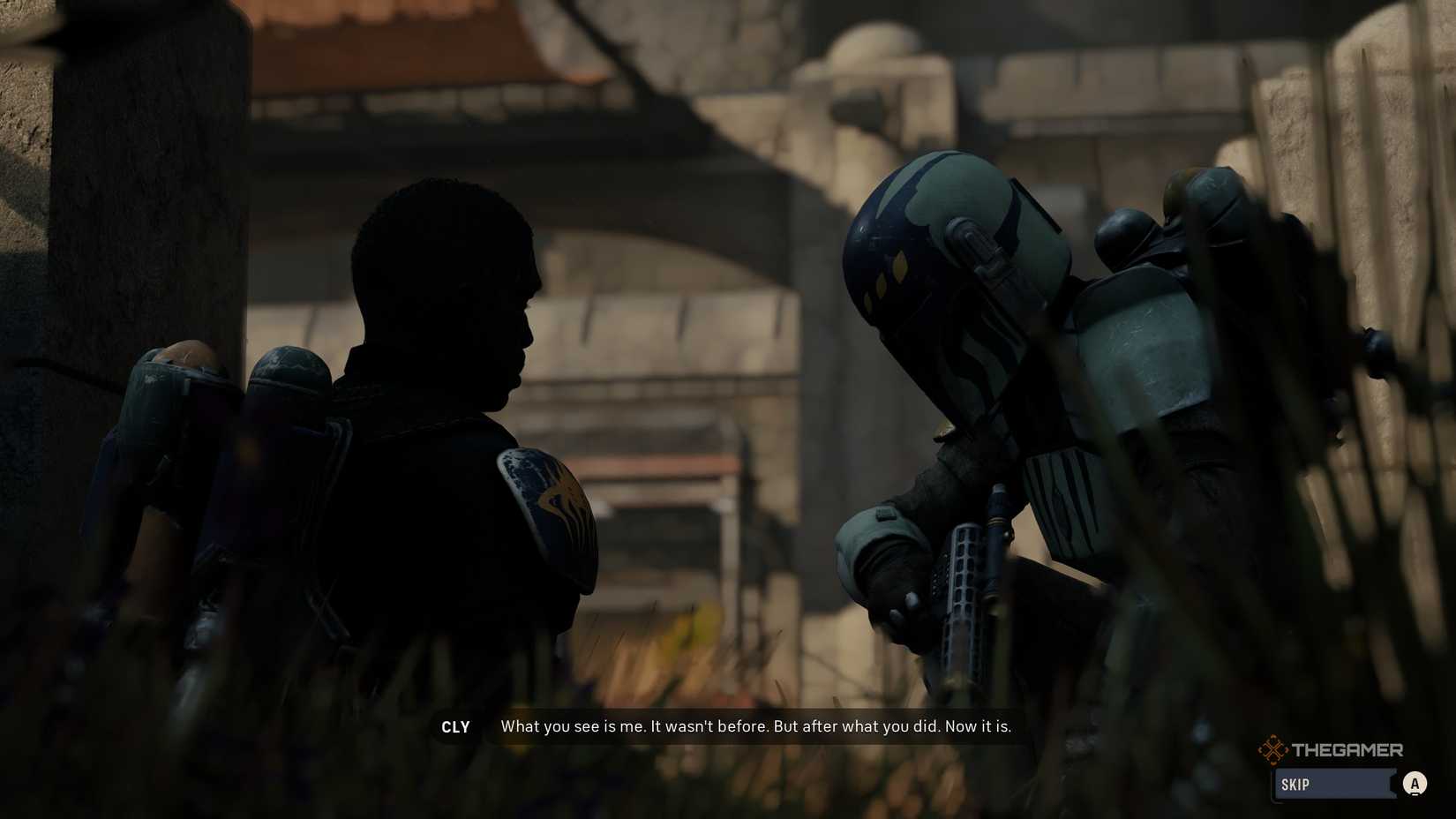 Cly, a Mandalorian bounty hunter, kneeling in front of a dying man