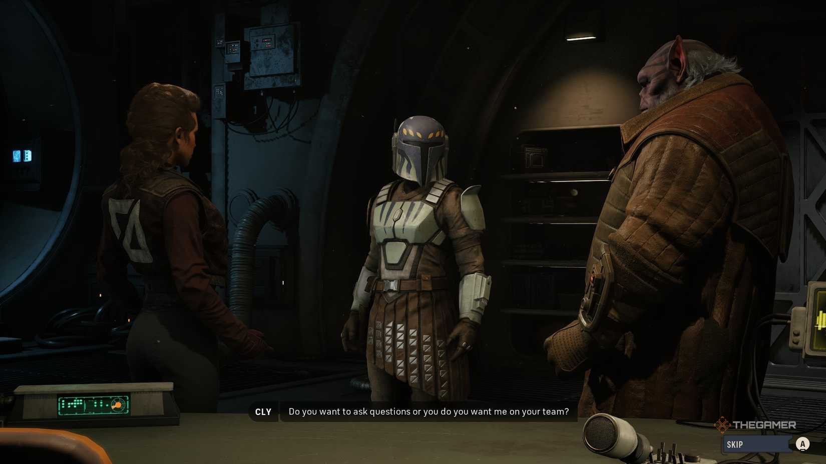 Cly, a Mandalorian bounty hunter, saying Do you want to ask questions or do you want me on your team
