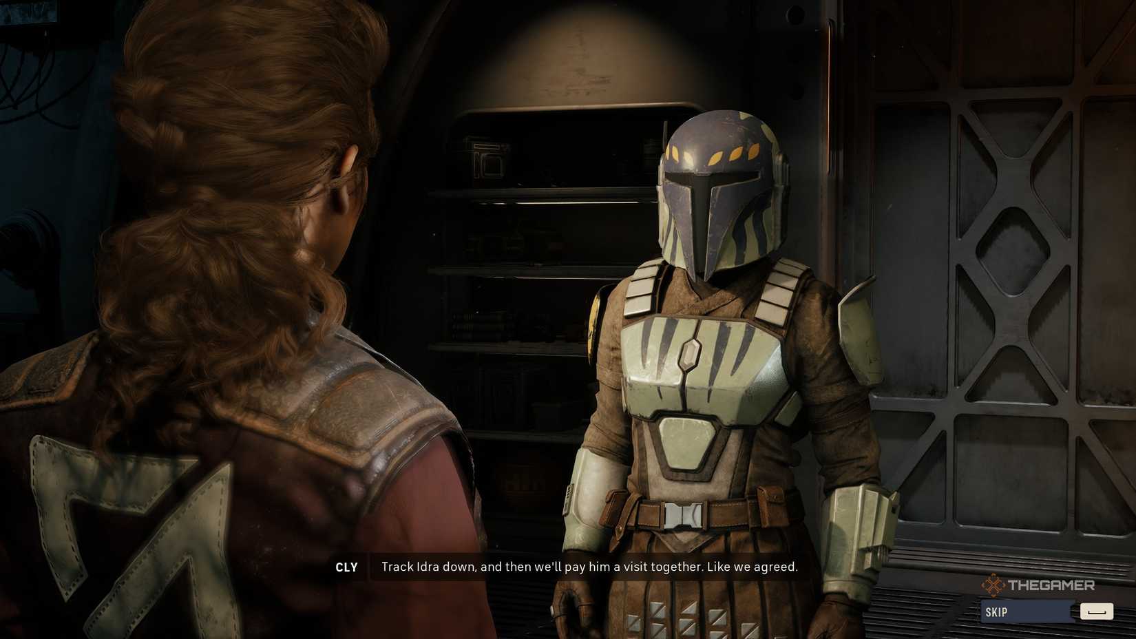 Cly, a Mandalorian bounty hunter, telling the player to help her track down a target