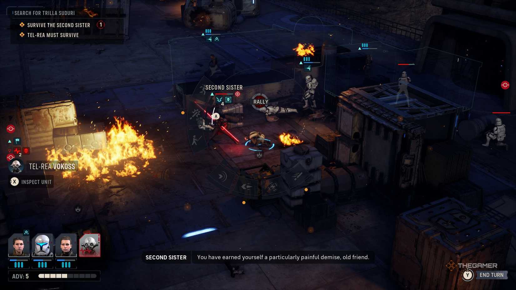 Combat in Star Wars Zero Company. An enemy called the Second Sister is about to kill a Jedi called Tel