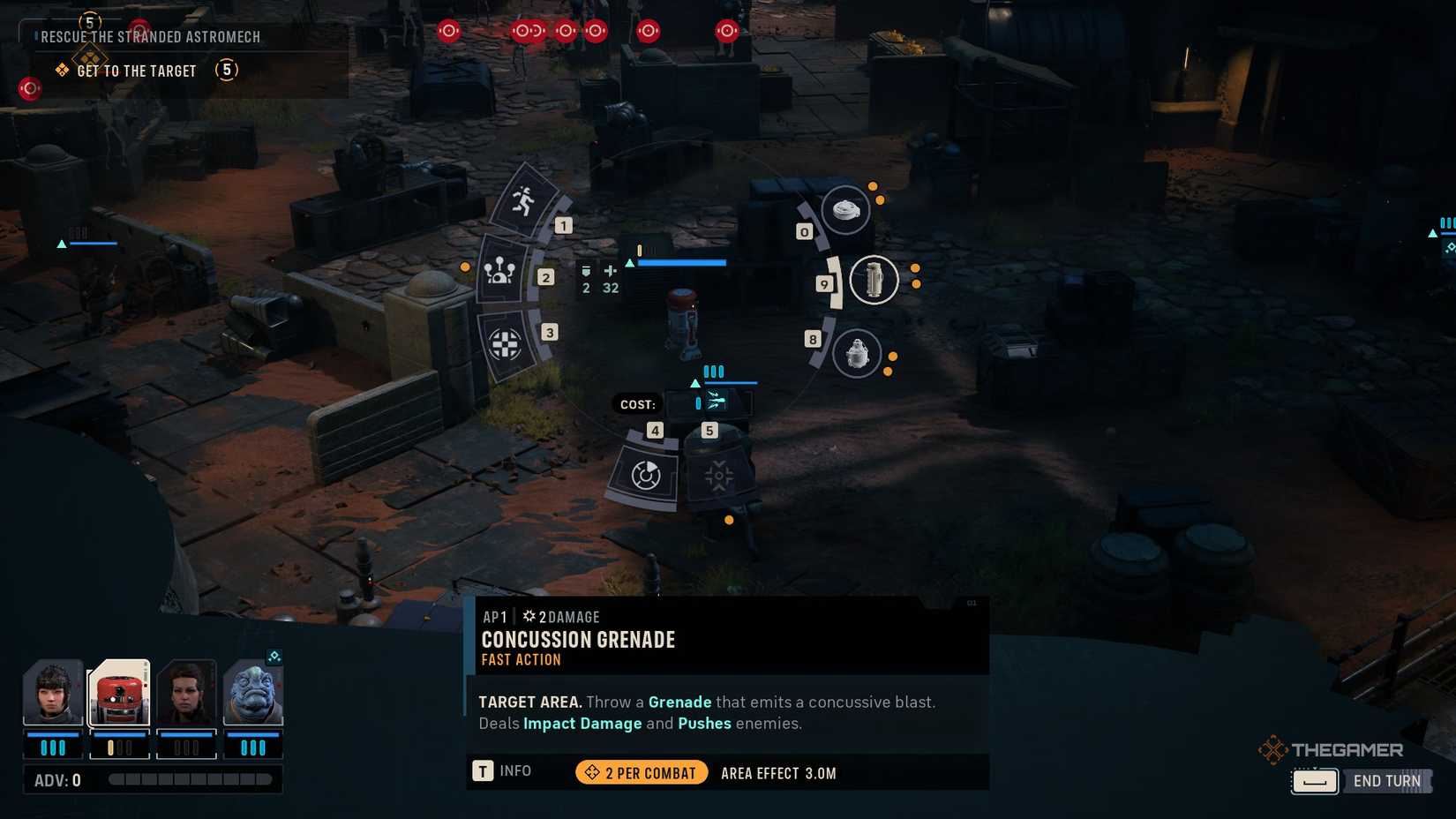 Combat in Star Wars Zero Company, showing a droid selecting which ability to use in turn based combat