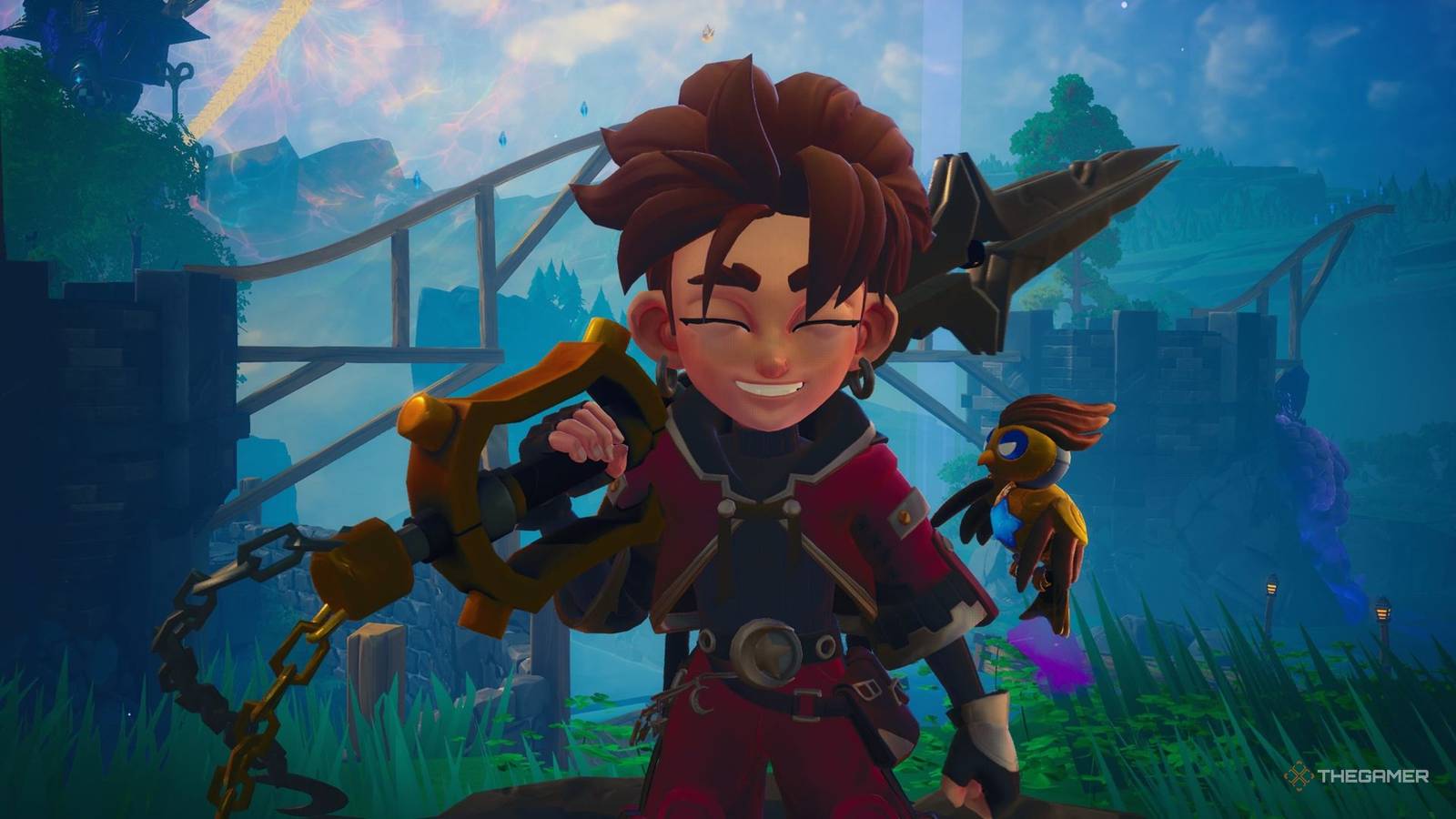 Zirian smiling with Cuckoo by his side in Duskfade.