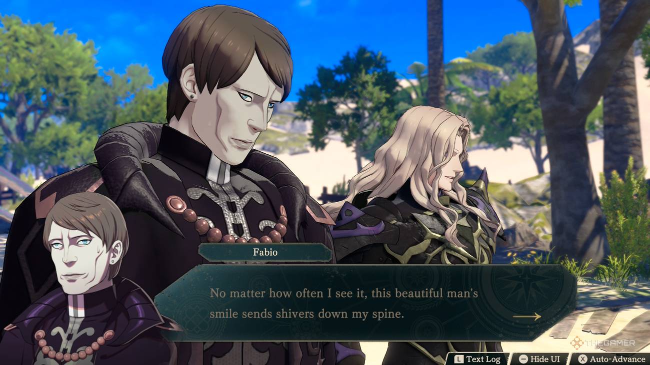 Fabio muttering about Dietrich's beauty in Fire Emblem Fortune's Weave.