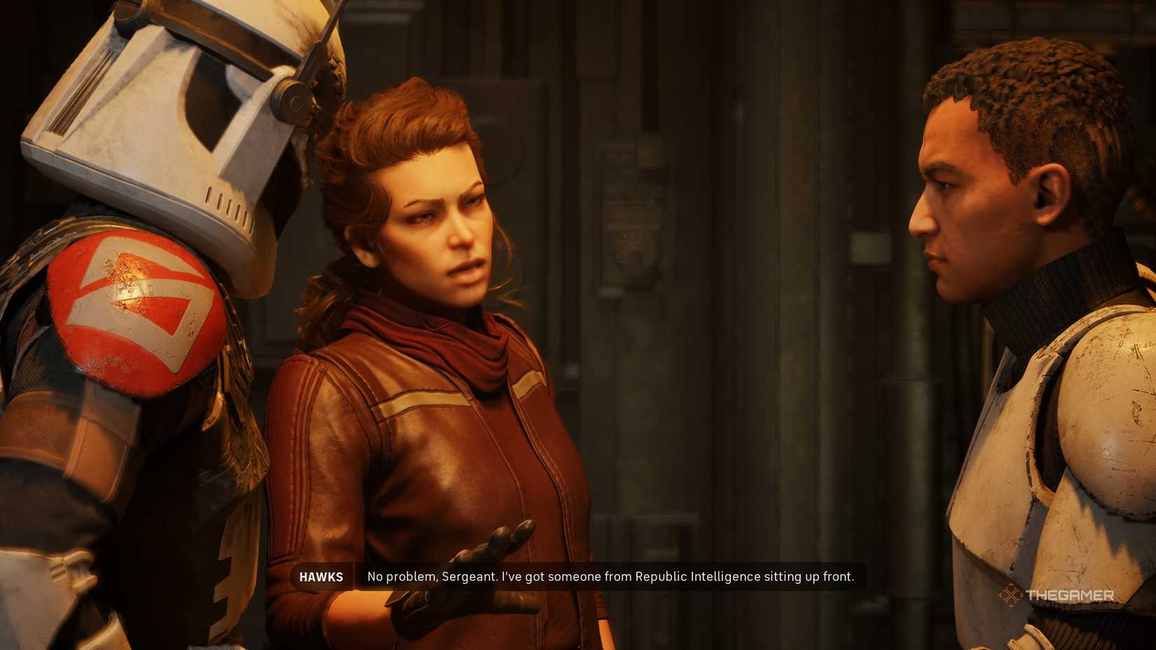 Hawks in Star Wars Zero Company, intervening on a debate between clones. One clone is in full armour, the other has their helmet off
