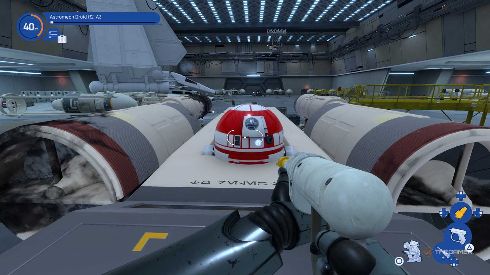 powerwashing a droid sitting in an x-wing.