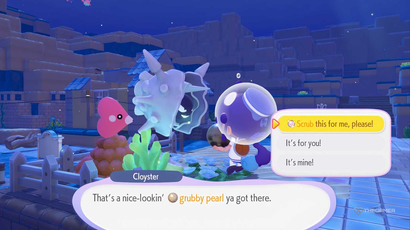 Ditto handing Cloyster a Grubby Pearl in Pokemon Pokopia.