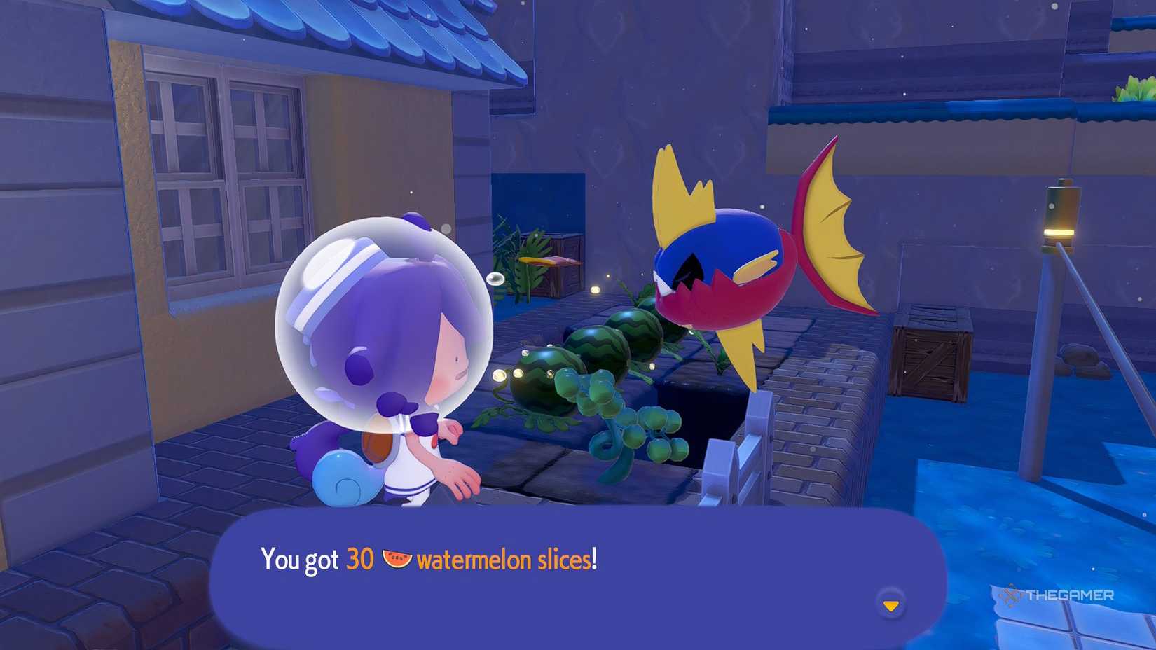 Ditto recieving Watermelon Slices from Carvanha in Pokemon Pokopia.