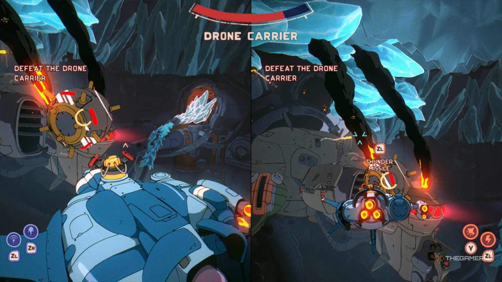 Maki and Omura fighting the Drone Carrier boss with bombs and their ship in Orbitals.