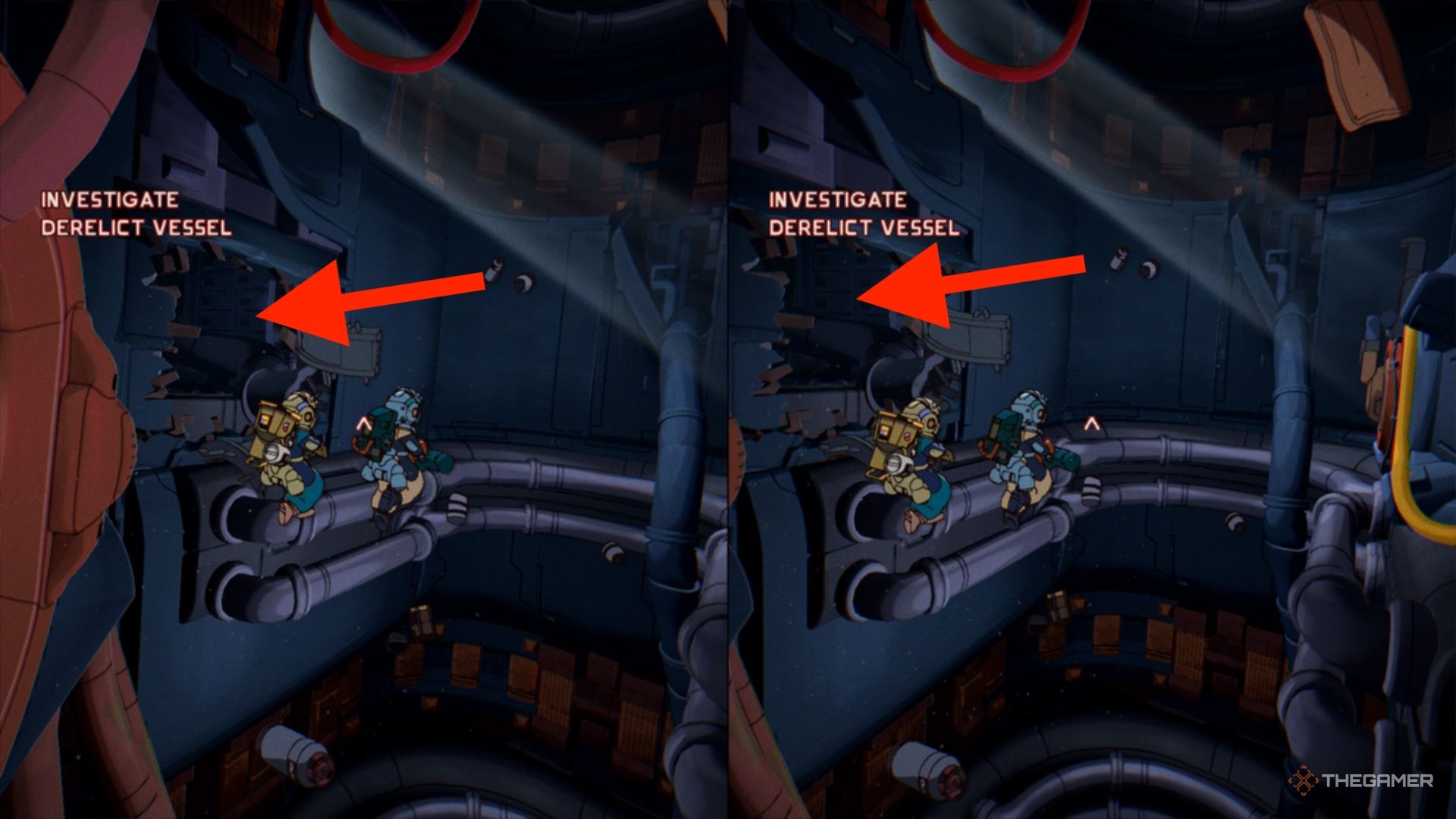 An arrow pointing to a hole in the wall on the left side of a room in Orbitals.