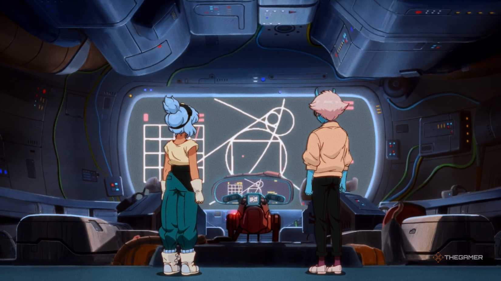 Maki and Omura standing in front of a screen on the bridge of a ship in Orbitals.