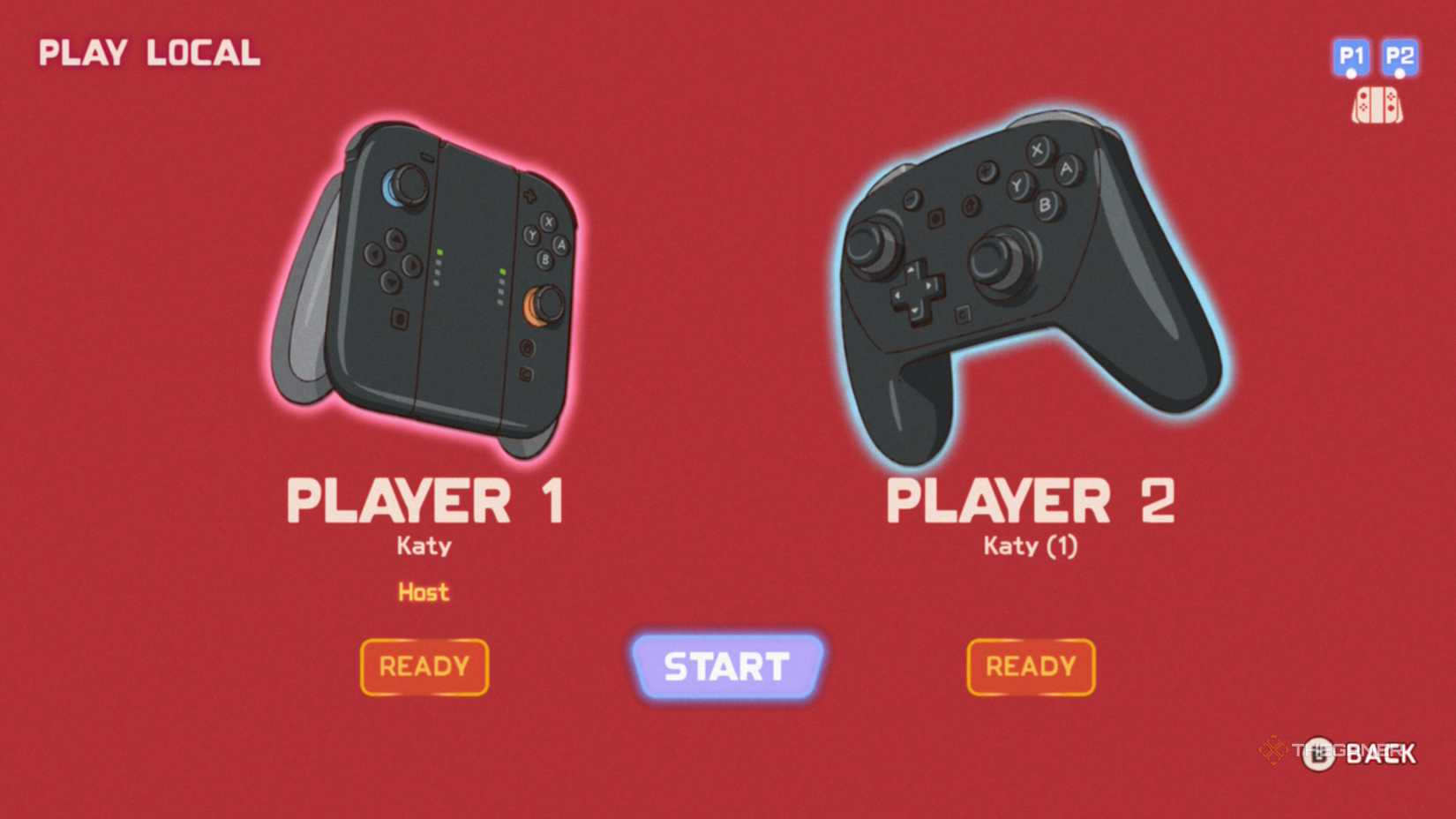 Player 1 and Player 2 selection screen showing two controllers.