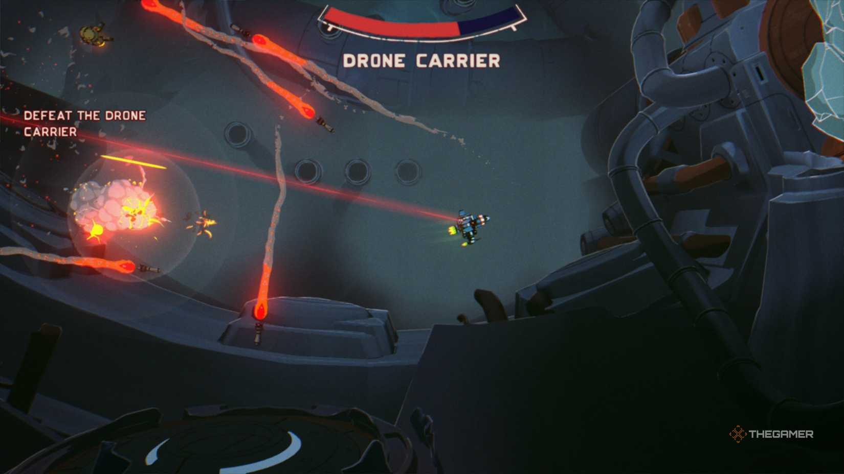 Top down view of the ship fighting drones and avoiding missiles in Orbitals.