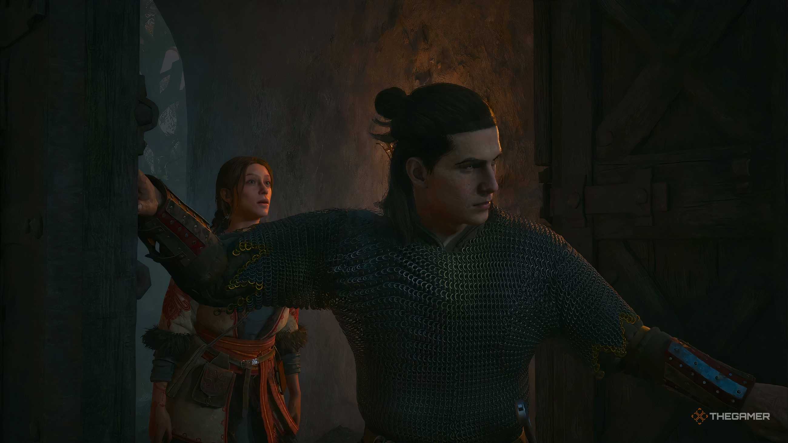 Coen and Anca passing through a door in The Blood of Dawnwalker.