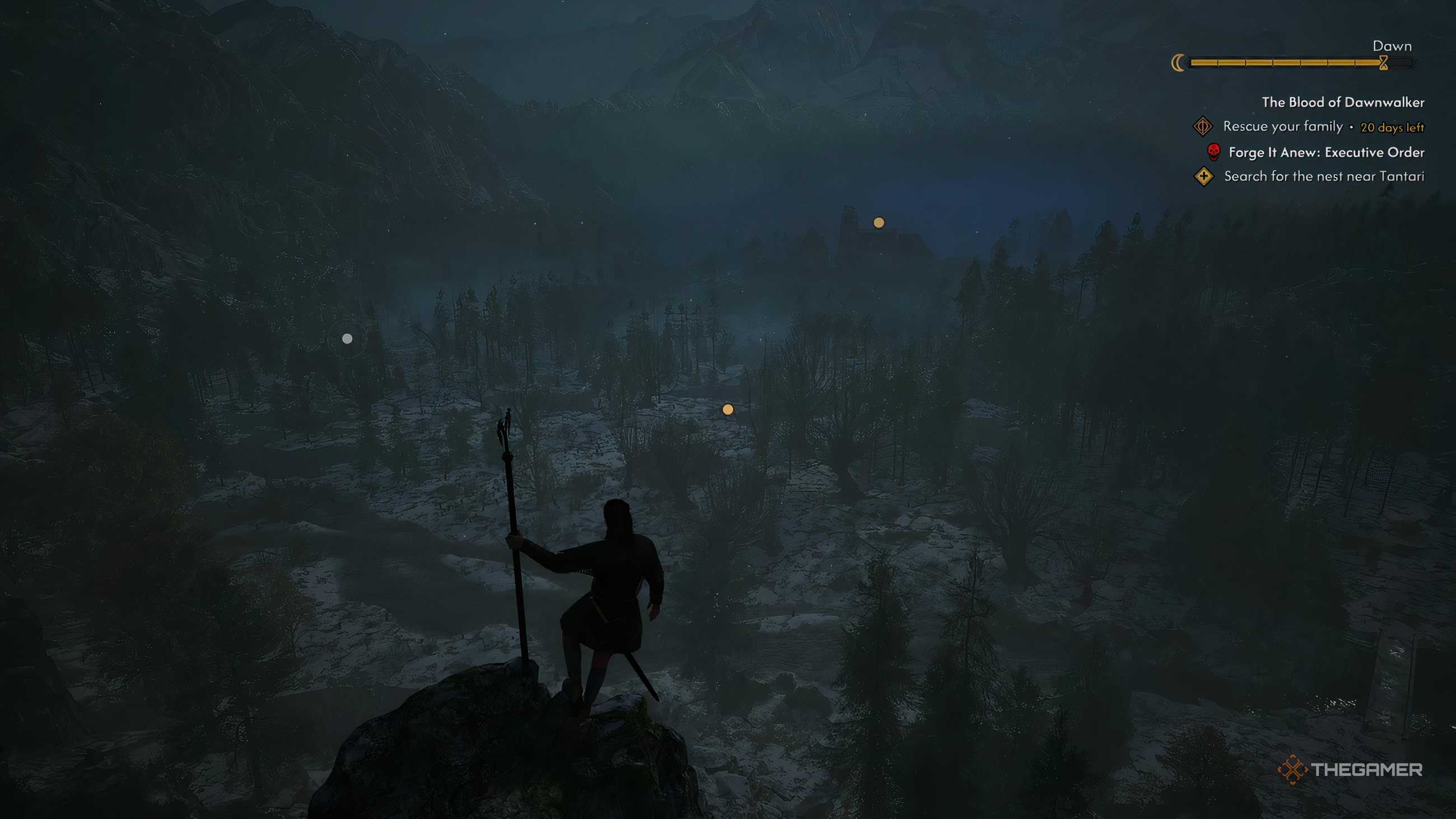 Coen standing at the top of a tower overlooking the a small town in The Blood of Dawnwalker.