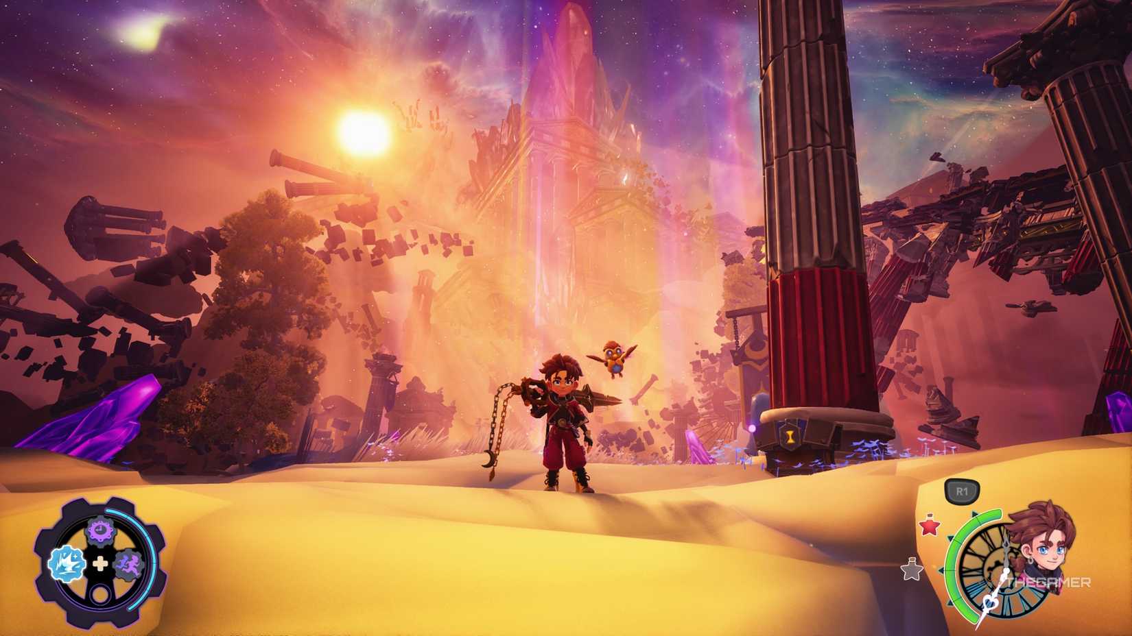 Zirian and Cuckoo standing on top of a mountain's peak in Duskfade.