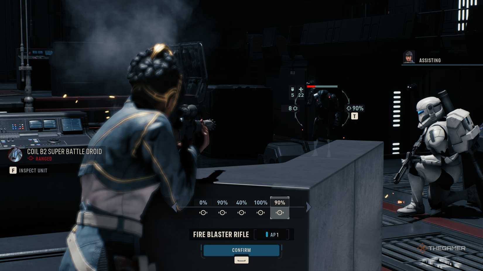 Jae aiming a fire blaster rifle at a droid in Star Wars Zero Company