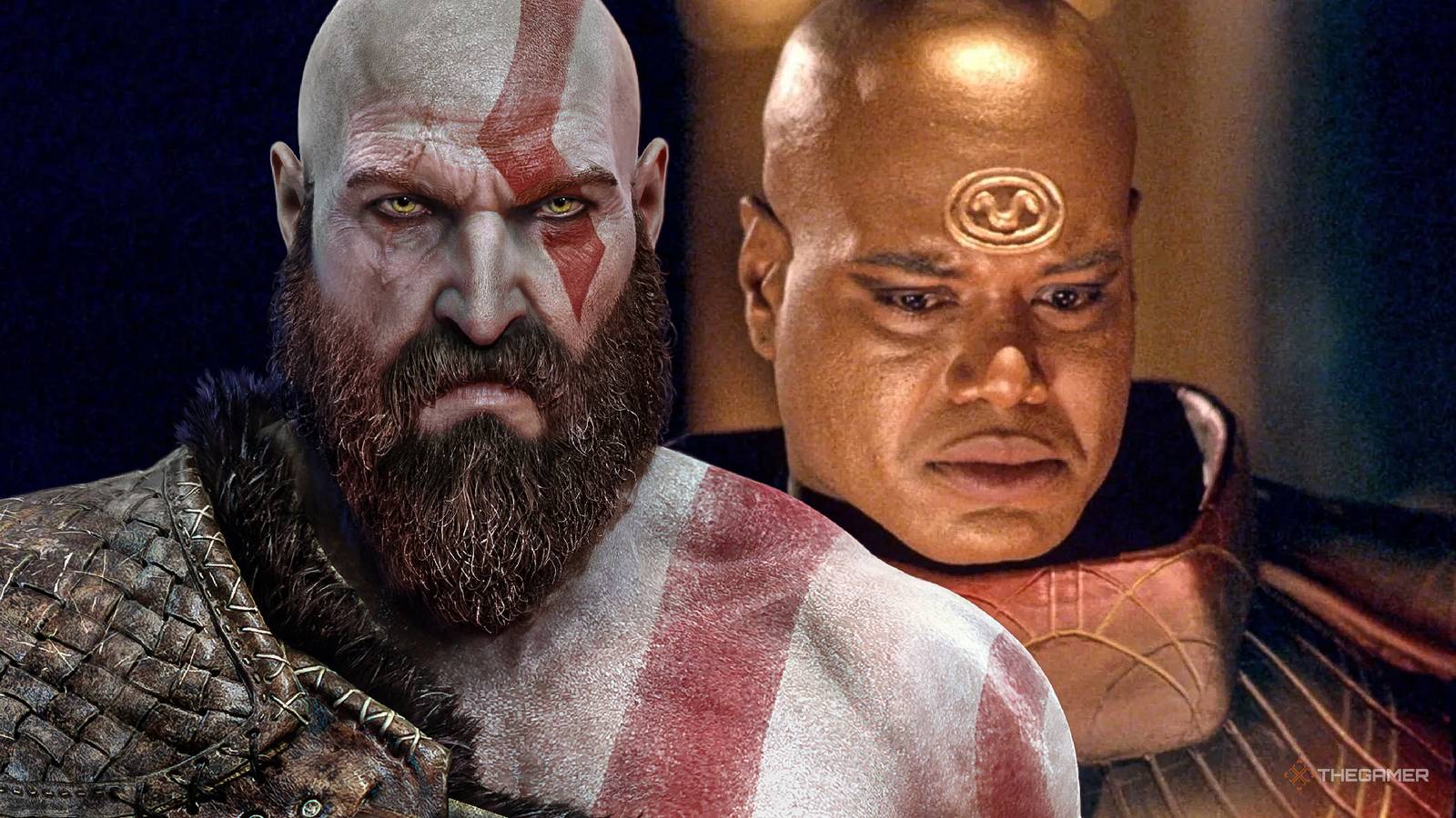 Kratos from God of War in front of Christopher Judge in Stargate.
