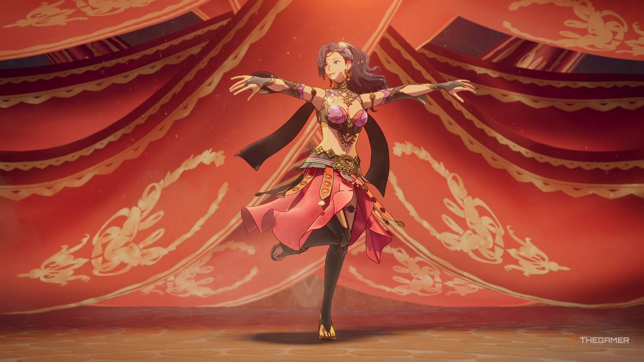 Leda dancing during a cutscene in Fire Emblem Fortunes Weave.