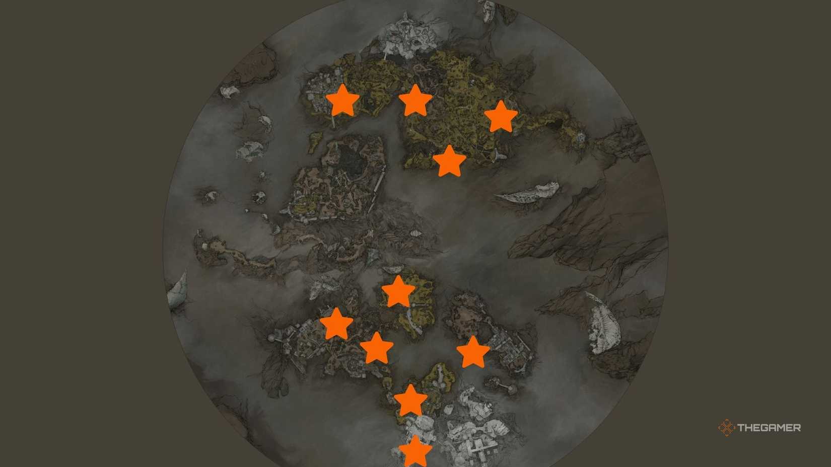 Map of Mortal Shell 2 with Map Fragments denoted as orange stars.