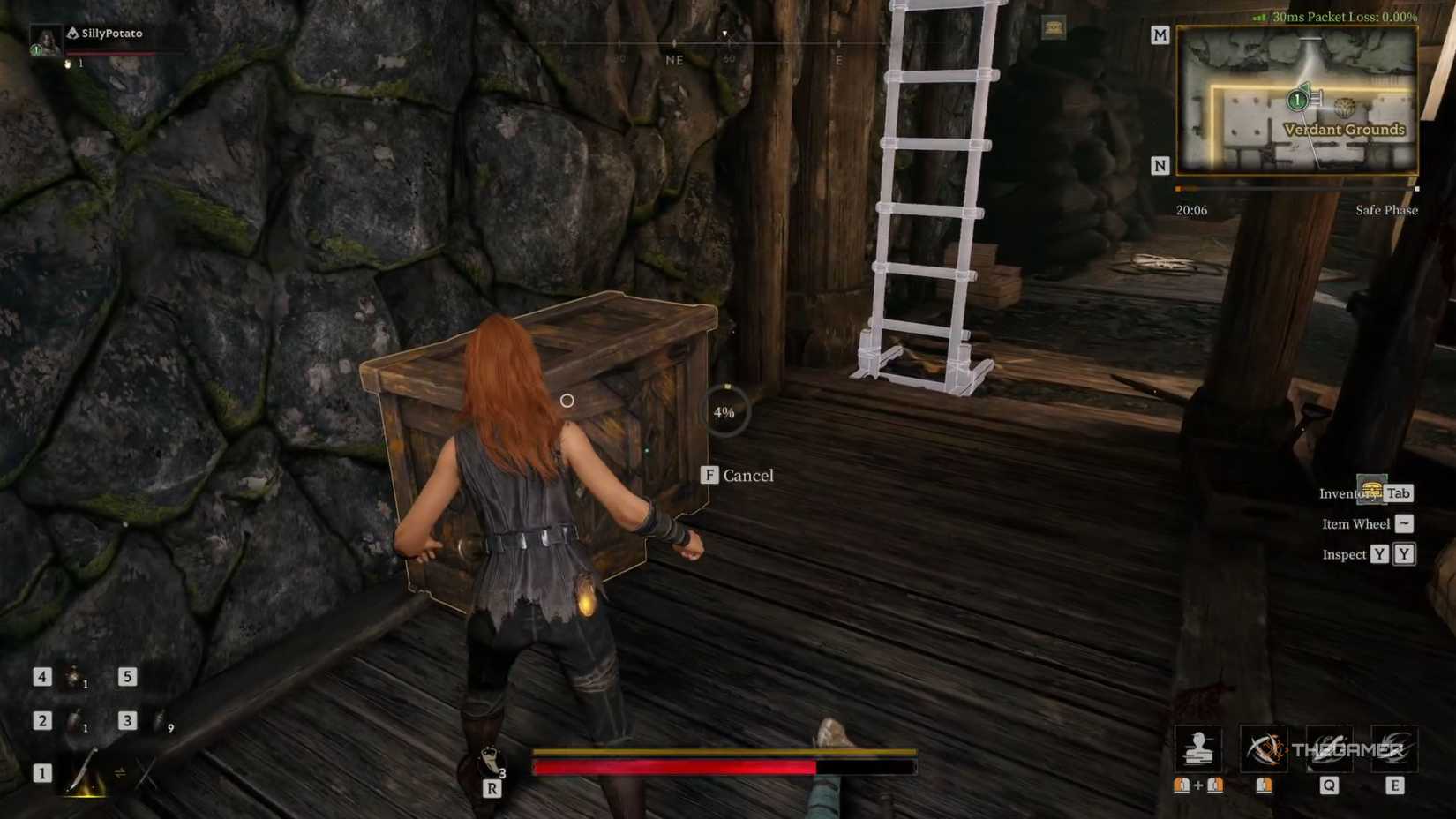 Mistfall Hunter looting a broken cupboard.