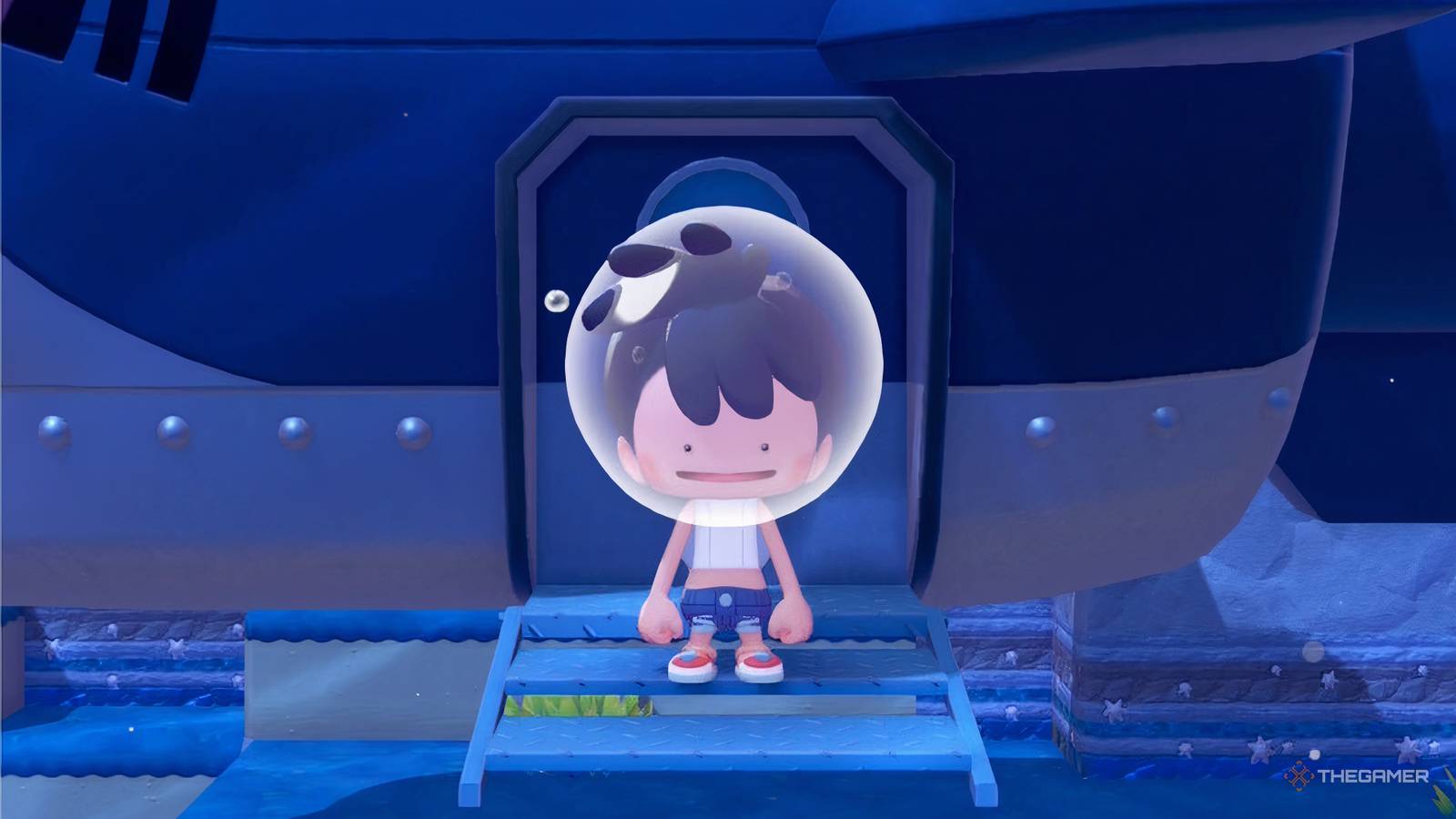 ditto as a human wearing a bubble in pokopia.