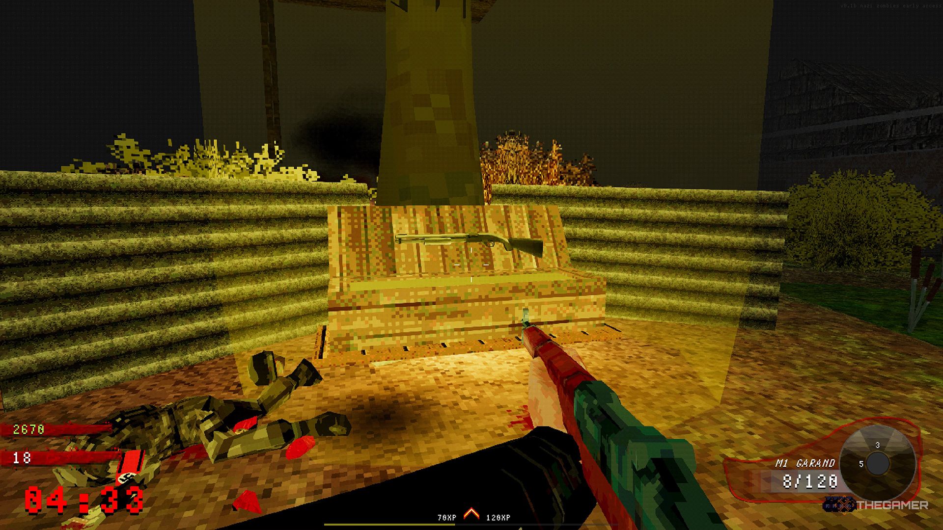 Nazi Zombies player looking at a mystery box opening to reveal a shotgun.