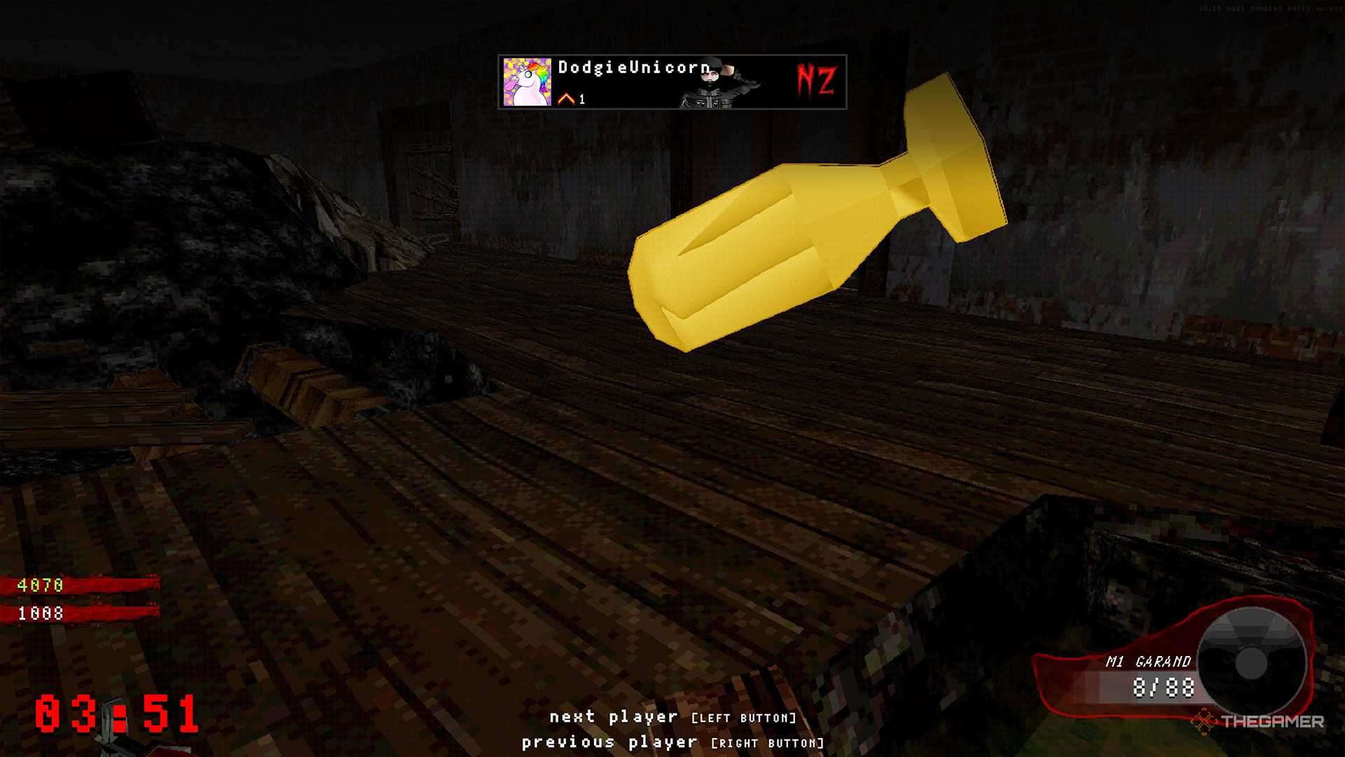 Nazi Zombies player spectating another player who is looking at a nuke power-up.
