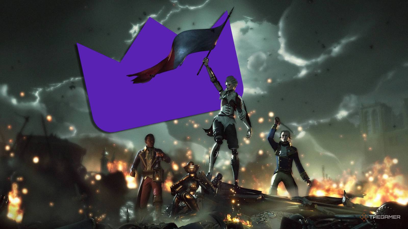steelrising character holding a flag in front of the prime gaming logo.