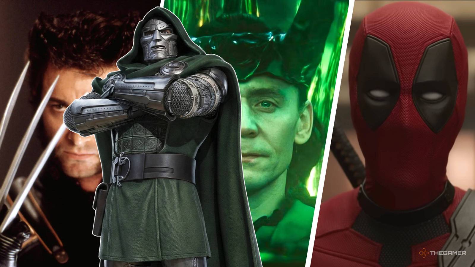 doctor doom standing in front of wolverine loki and deadpool.