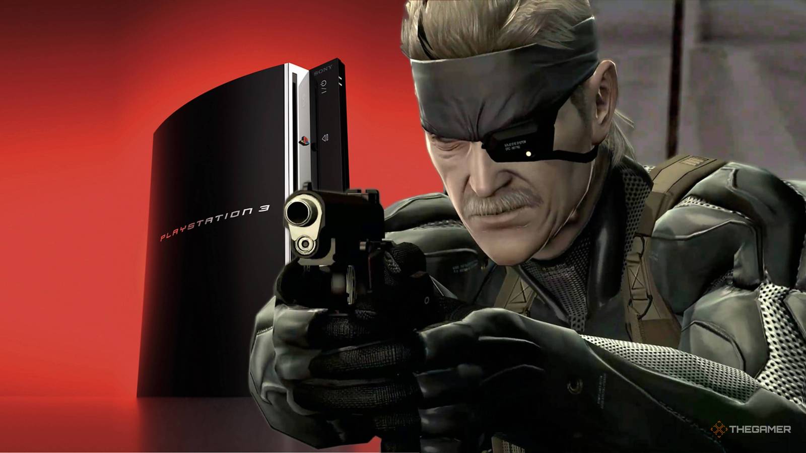 snake in metal gear solid 4 aiming past a ps3.