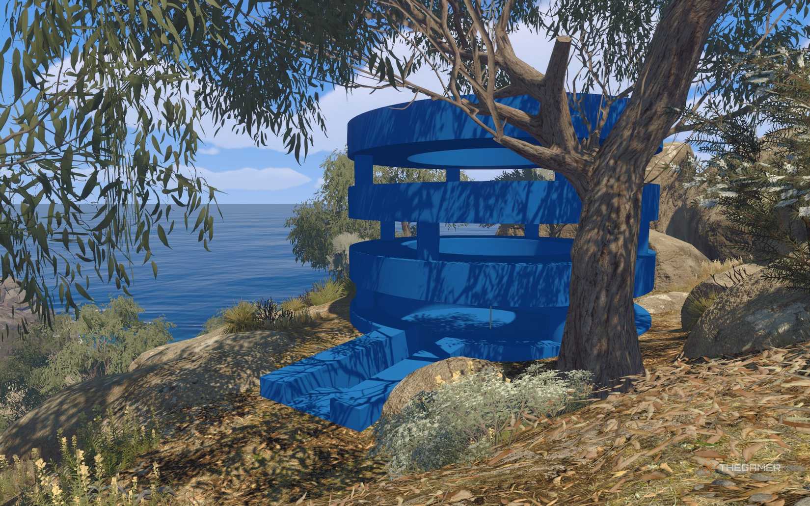 One of the blue circular buildings with a backpack location in Big Walk.