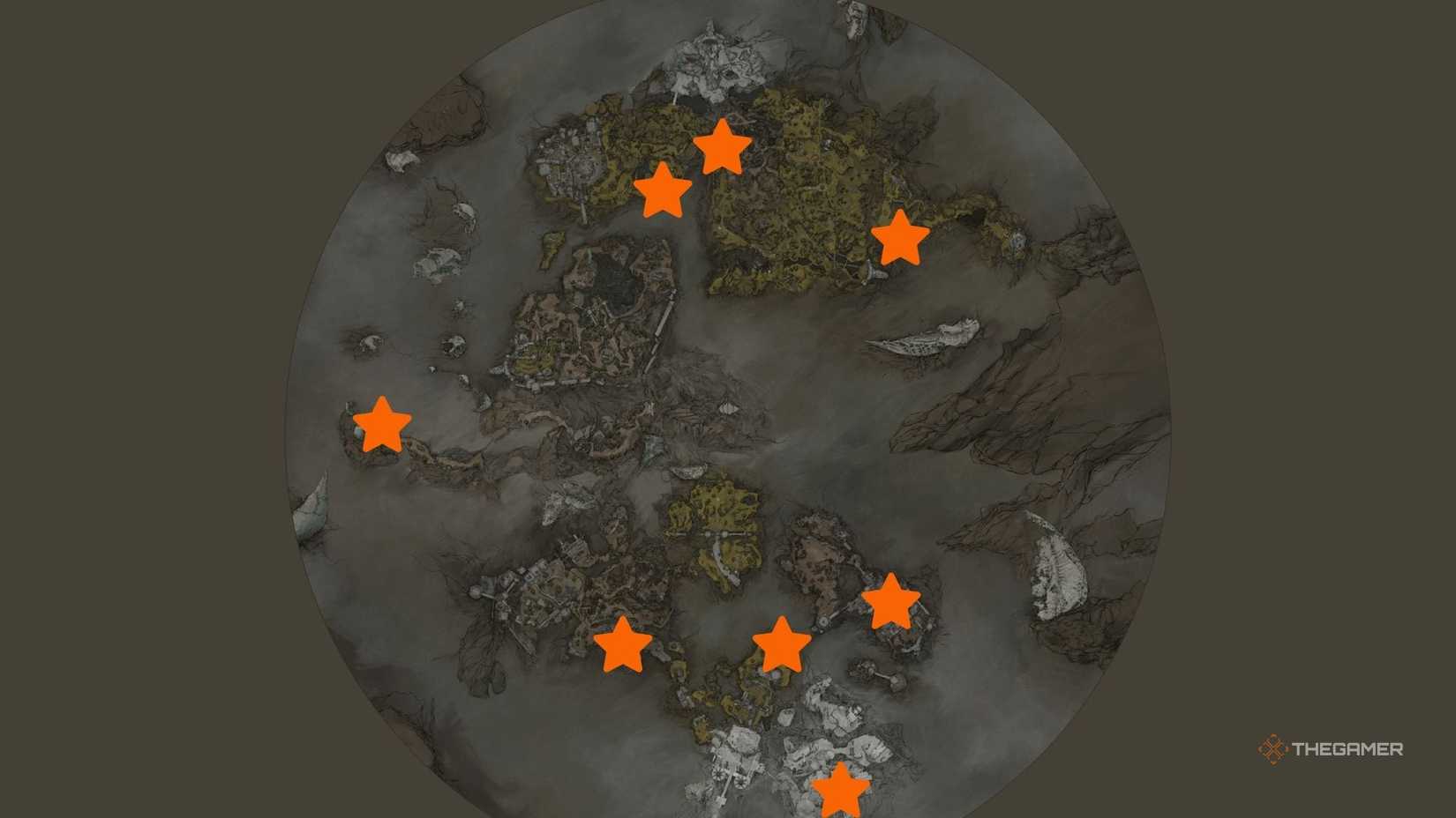Orange stars denoting sidearms on a Mortal Shell 2 map.