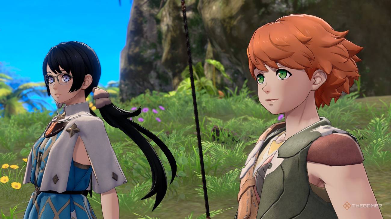Peter and Tialla standing next to each other outdoors in Fire Emblem Fortune's Weave.