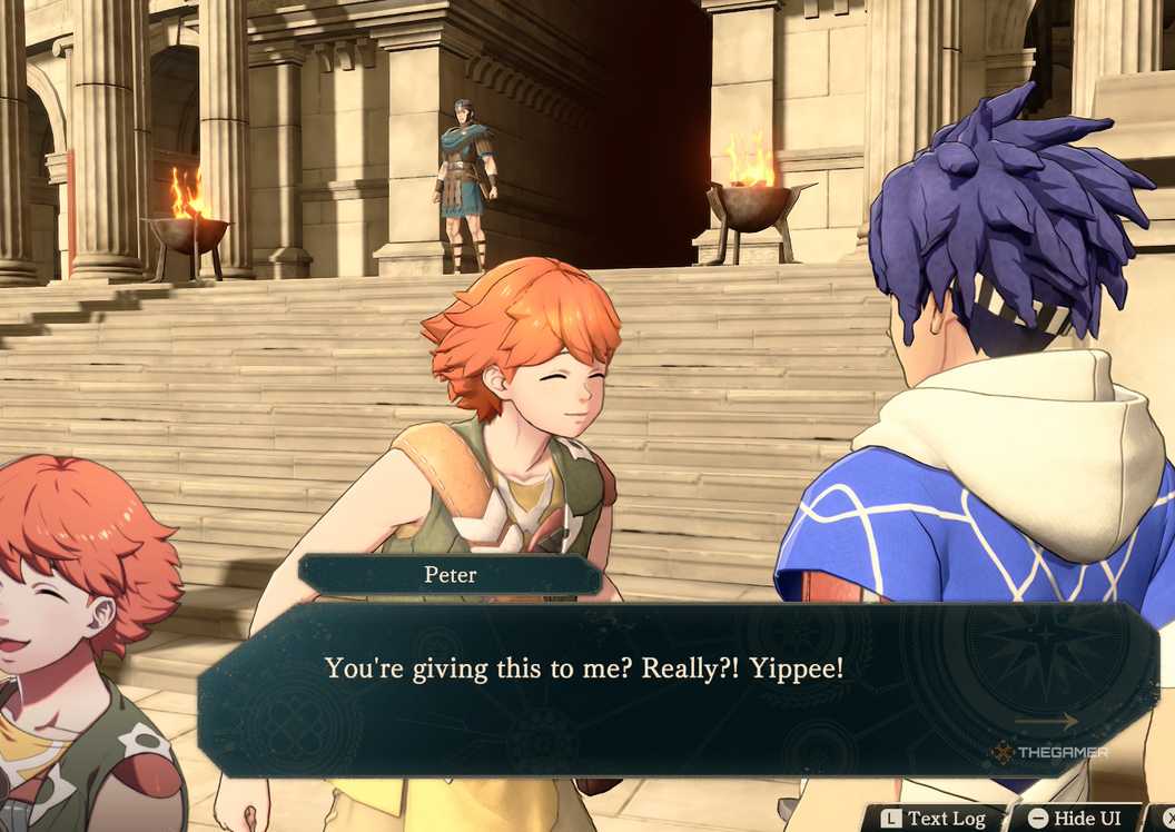 Peter saying that he likes a gift from Cai in Fire Emblem Fortune's Weave.