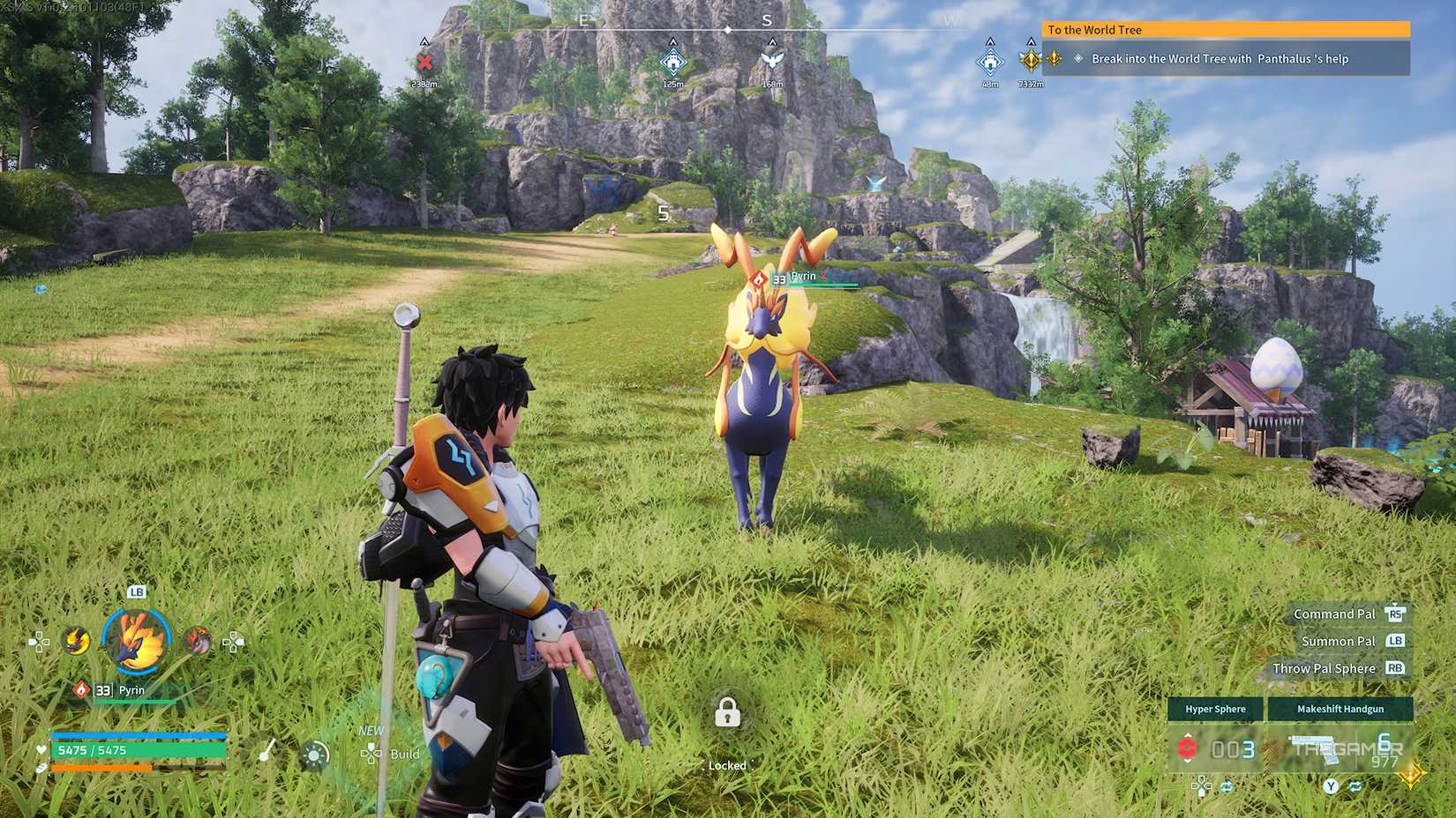 Pyrin near the player in Palworld.