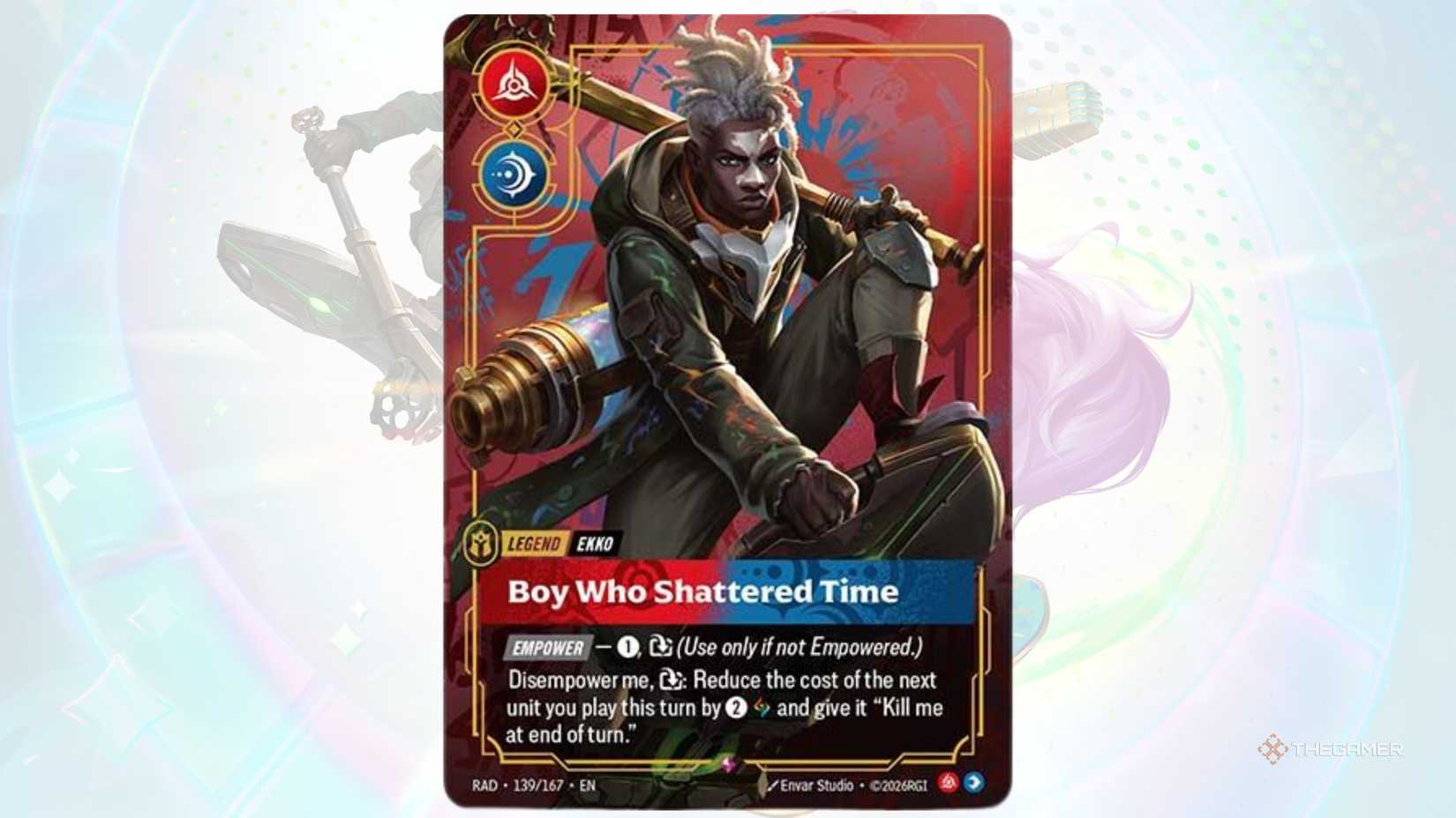 The teased Champion Legend card for Ekko from Riftbound's upcoming Radiance set.