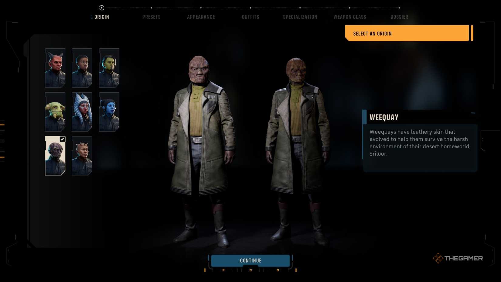 The character creation screen in Star Wars Zero Company, showing the Weequay aliens