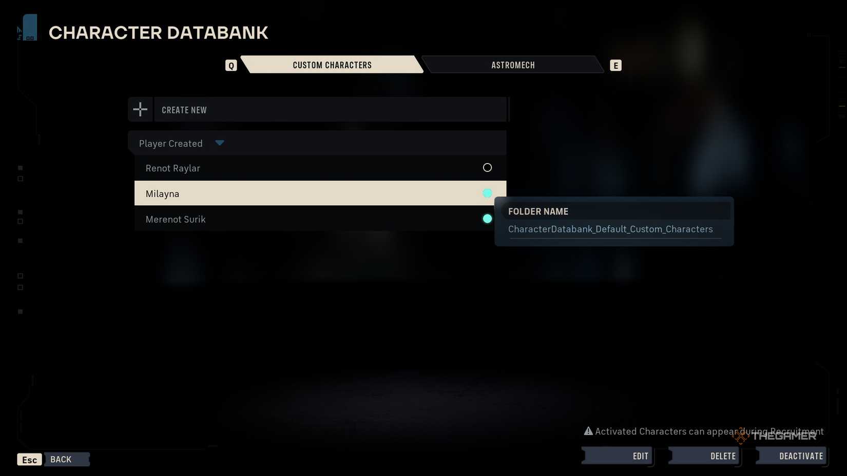 The character databank screen in Star Wars Zero Company, showing the names of the custom characters that have been made